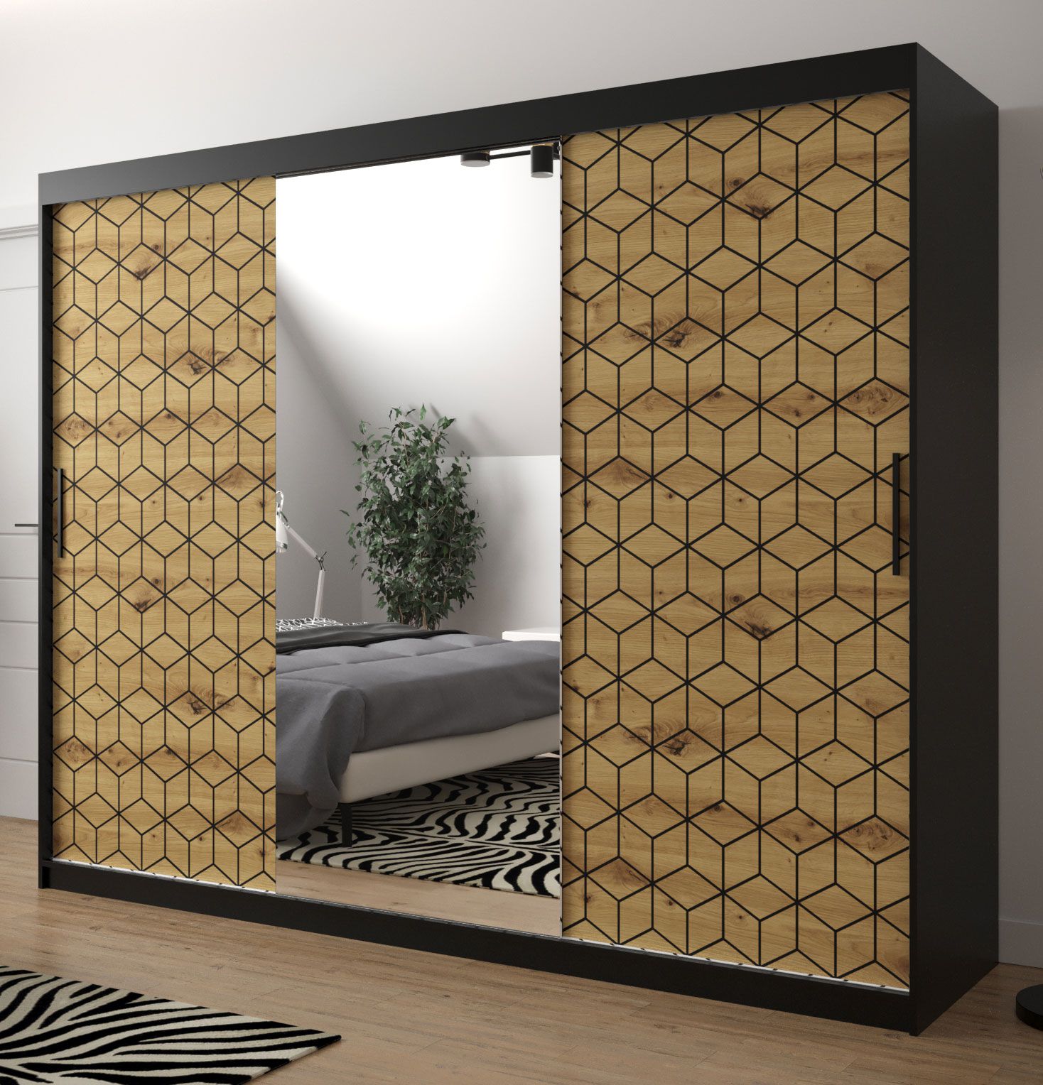 Kleiderschrank mit stylischen Design Dom 107, Farbe: Schwarz matt / Eiche Artisan - Abmessungen: 200 x 250 x 62 cm (H x B x T), mit einer Spiegeltür