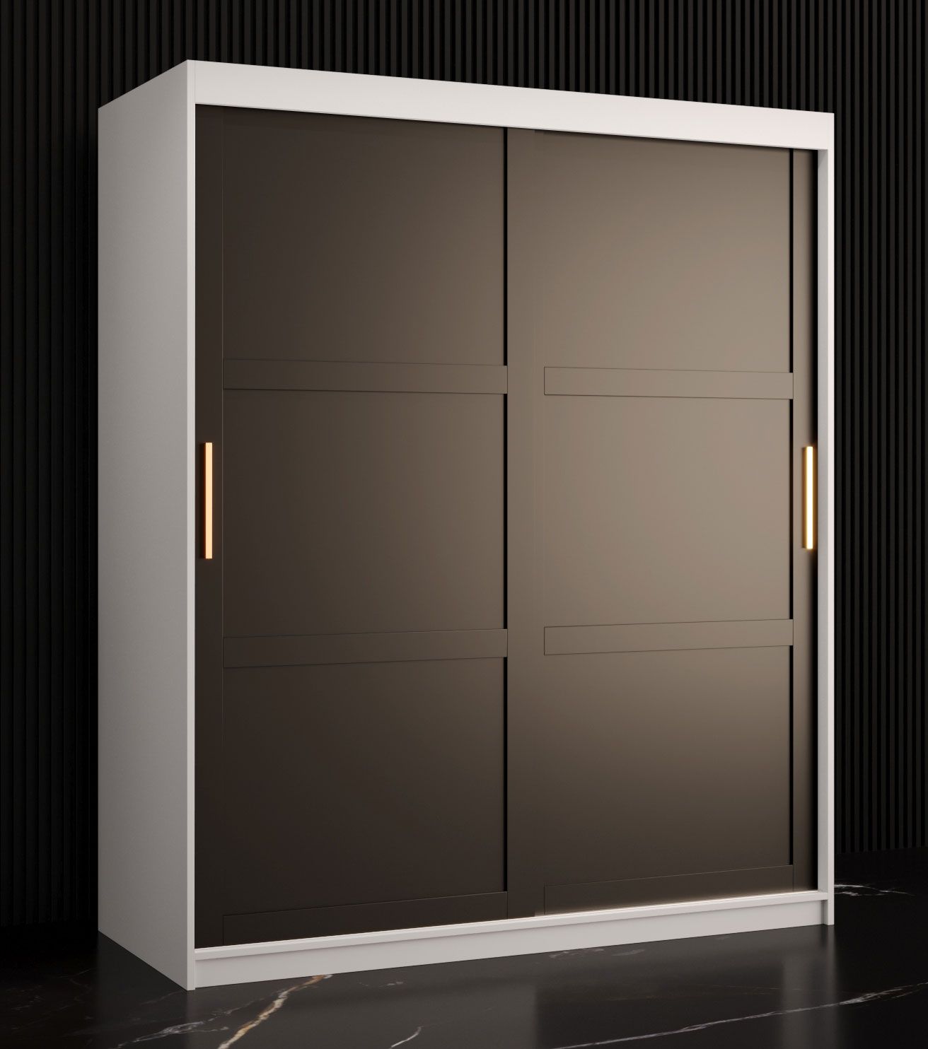 Moderner Kleiderschrank mit zwei Türen Liskamm 10, Farbe: Weiß matt / Schwarz matt - Abmessungen: 200 x 150 x 62 cm (H x B x T), mit fünf Fächern und zwei Kleiderstangen