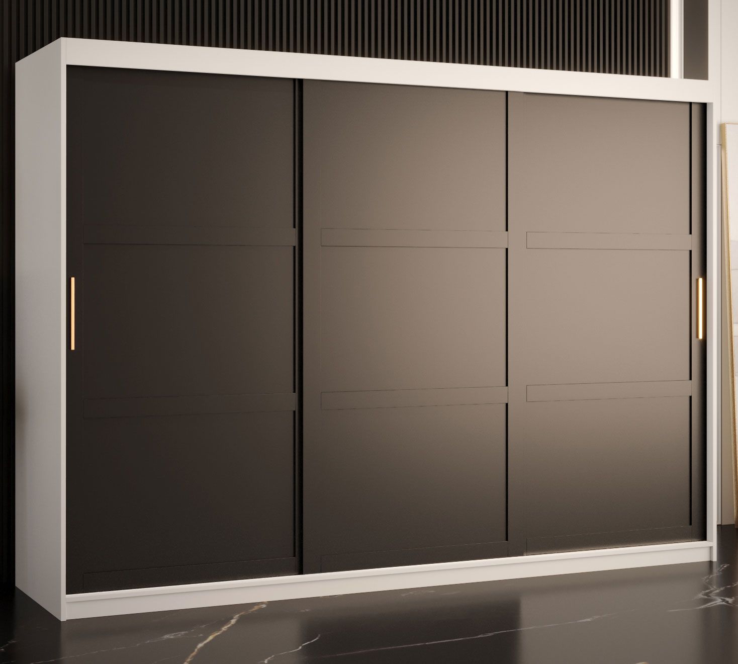 Großer Kleiderschrank mit genügend Stauraum Liskamm 22, Farbe: Weiß matt / Schwarz matt - Abmessungen: 200 x 250 x 62 cm (H x B x T), mit 10 Fächern und zwei Kleiderstangen