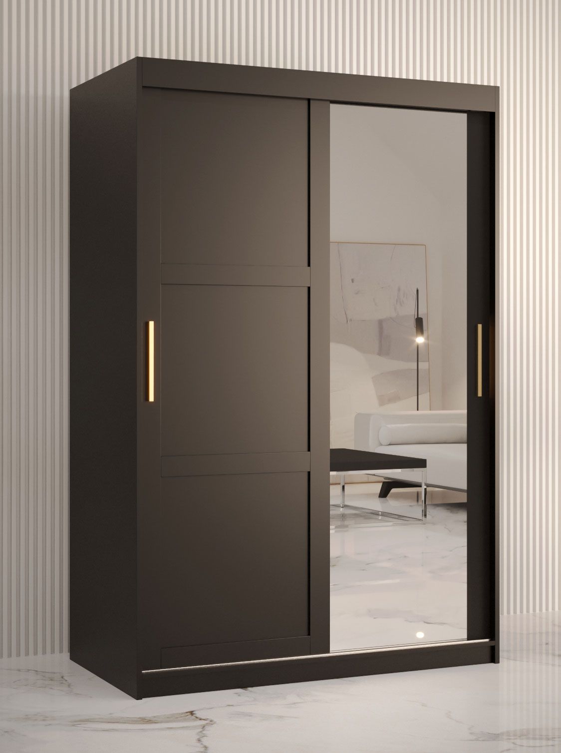 Stylischer Kleiderschrank mit einer Spiegeltür Liskamm 32, Farbe: Schwarz matt - Abmessungen: 200 x 120 x 62 cm (H x B x T), mit fünf Fächern