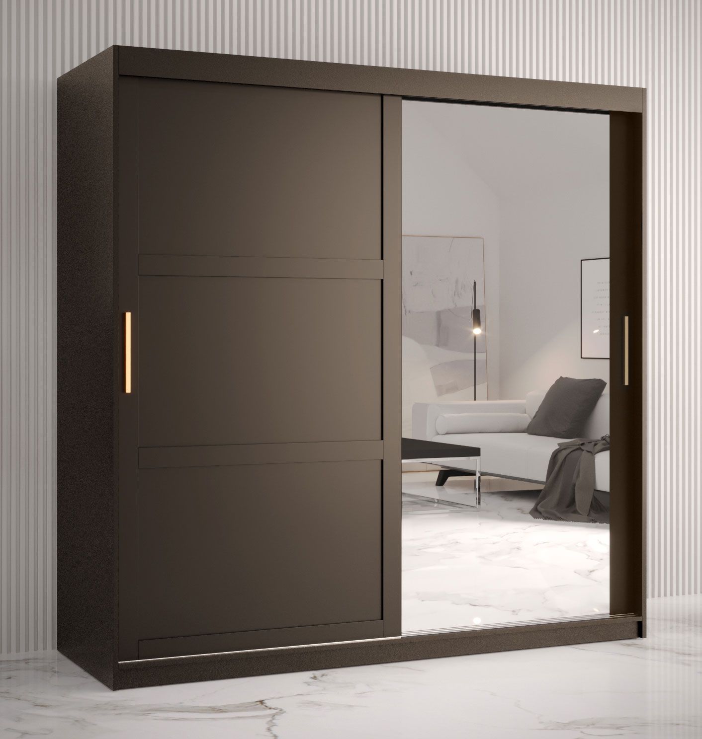 Kleiderschrank mit einer modernen Spiegeltür Liskamm 40, Farbe: Schwarz matt - Abmessungen: 200 x 180 x 62 cm (H x B x T), mit 10 Fächern und zwei Kleiderstangen