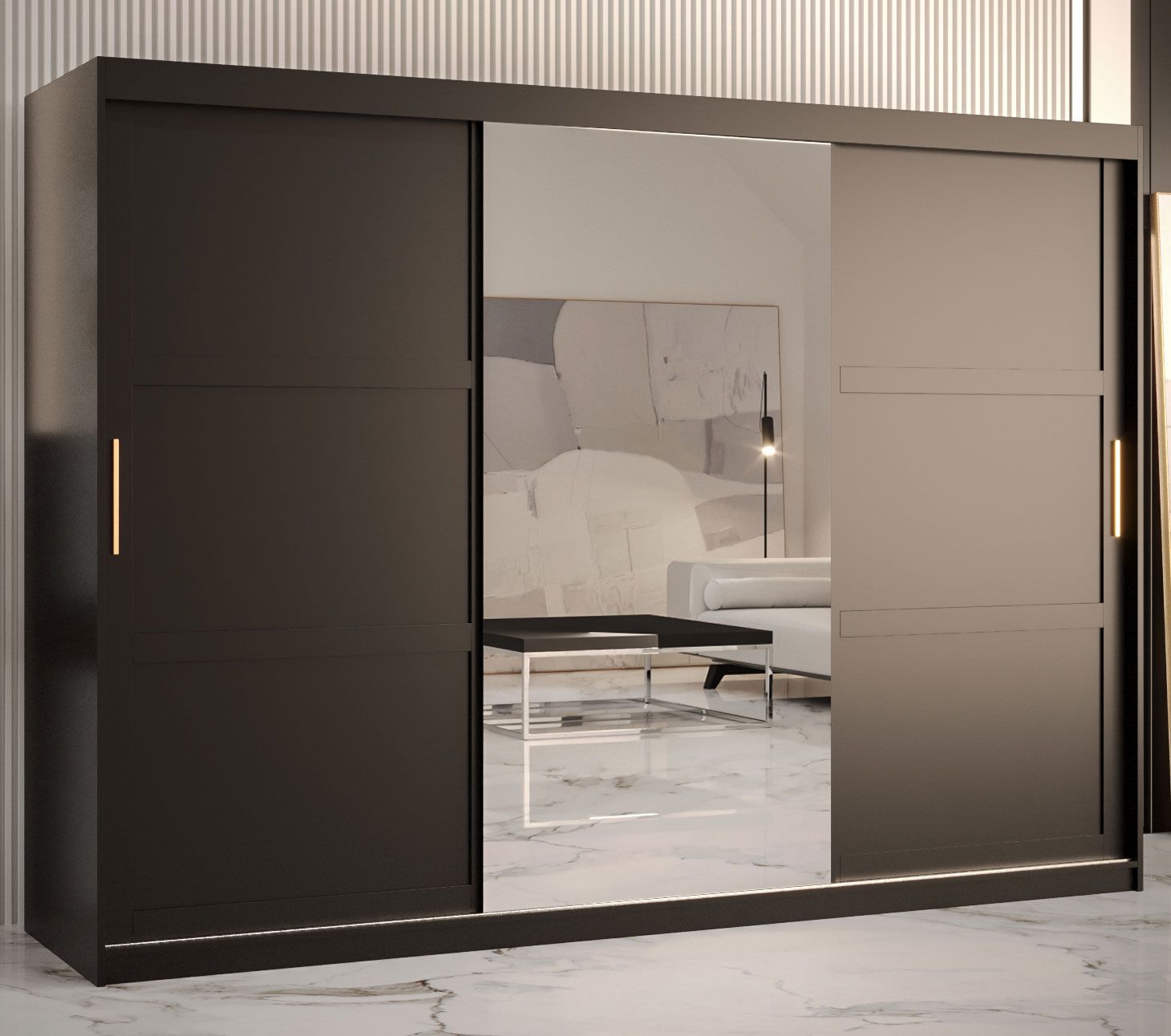 Großer Kleiderschrank mit schlichten Design Liskamm 48, Farbe: Schwarz matt - Abmessungen: 200 x 250 x 62 cm (H x B x T), mit 10 Fächern