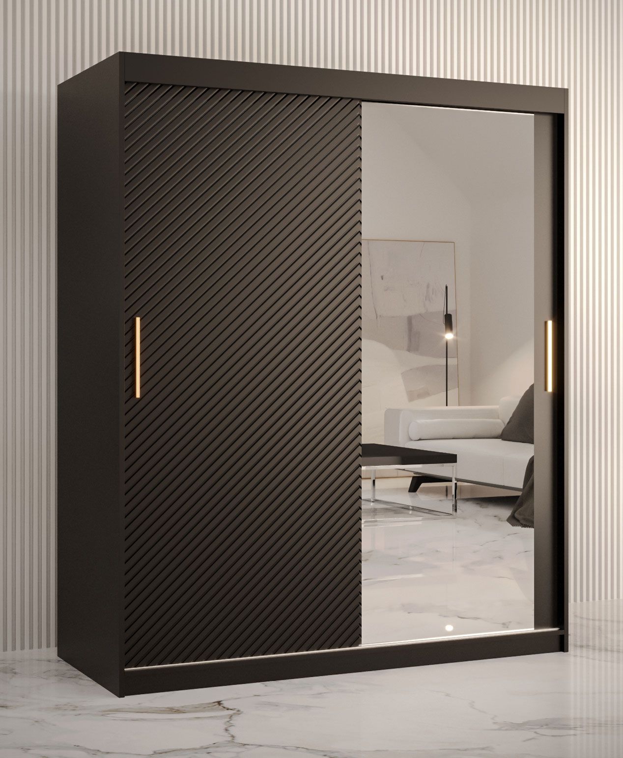 Außergewöhnlicher Kleiderschrank mit fünf Fächern Balmenhorn 36, Farbe: Schwarz matt - Abmessungen: 200 x 150 x 62 cm (H x B x T), mit einer Spiegeltür