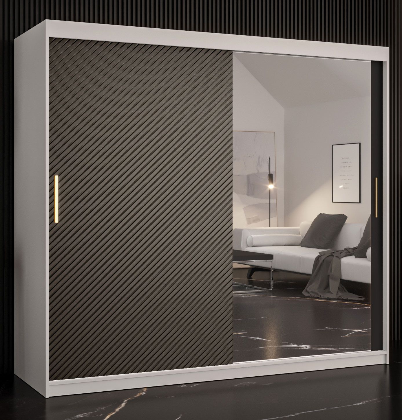 Eleganter Kleiderschrank mit einer Spiegeltür Balmenhorn 42, Farbe: Weiß matt / Schwarz matt - Abmessungen: 200 x 200 x 62 cm (H x B x T), mit 10 Fächern und zwei Kleiderstangen