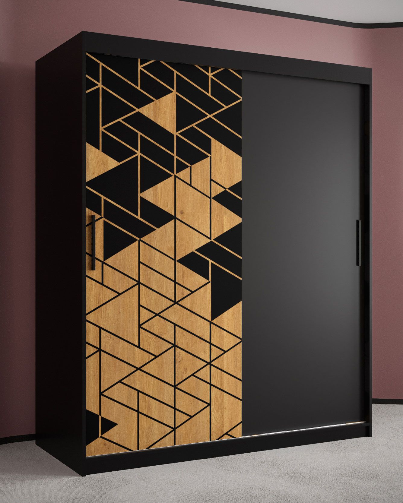 Kleiderschrank mit modernen Design Finsteraarhorn 03, Farbe: Schwarz matt - Abmessungen: 200 x 150 x 62 cm (H x B x T), mit genügend Stauraum