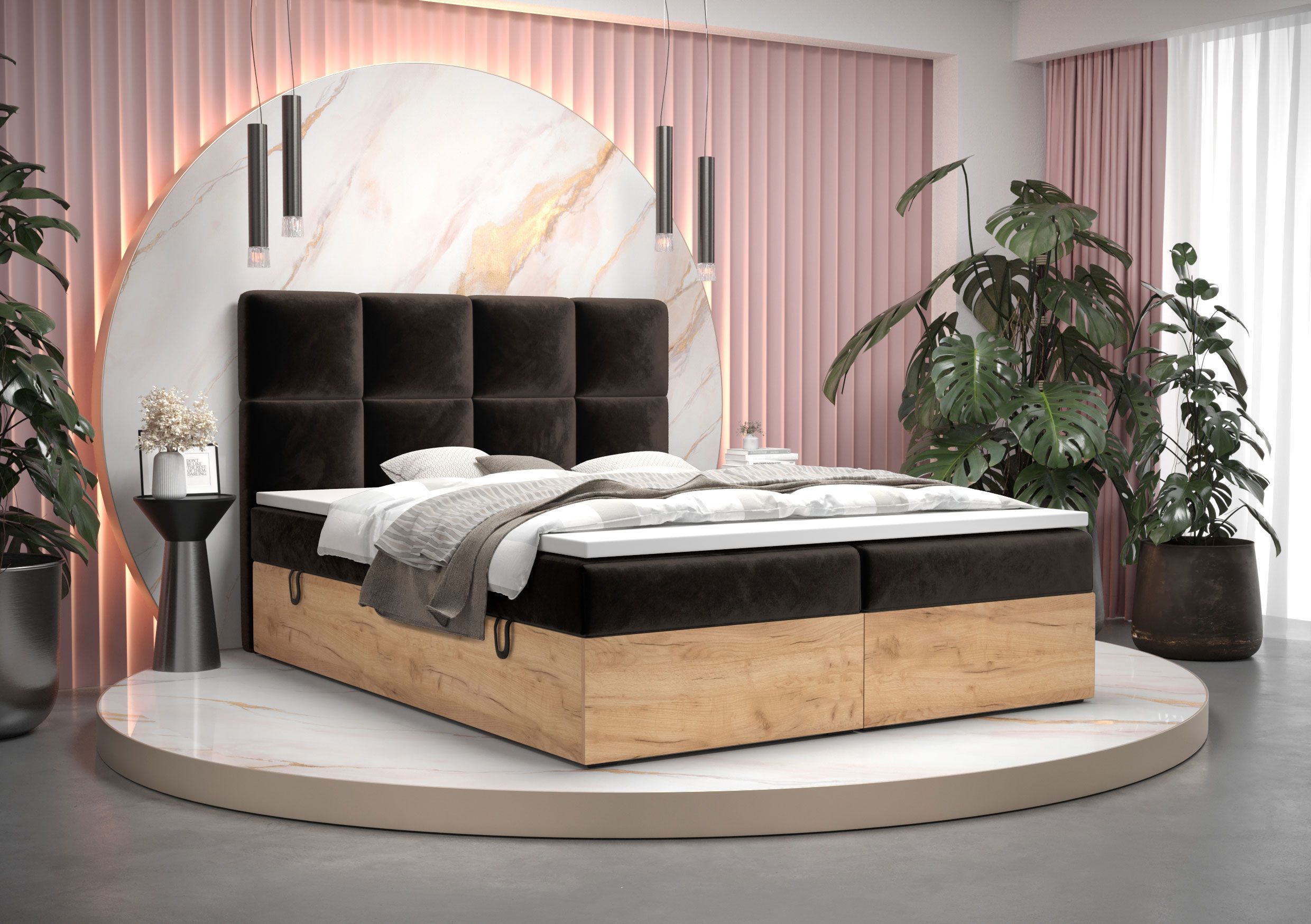 Boxspringbett im modernen Design Pilio 47, Farbe: Schwarz / Eiche Golden Craft - Liegefläche: 140 x 200 cm (B x L)