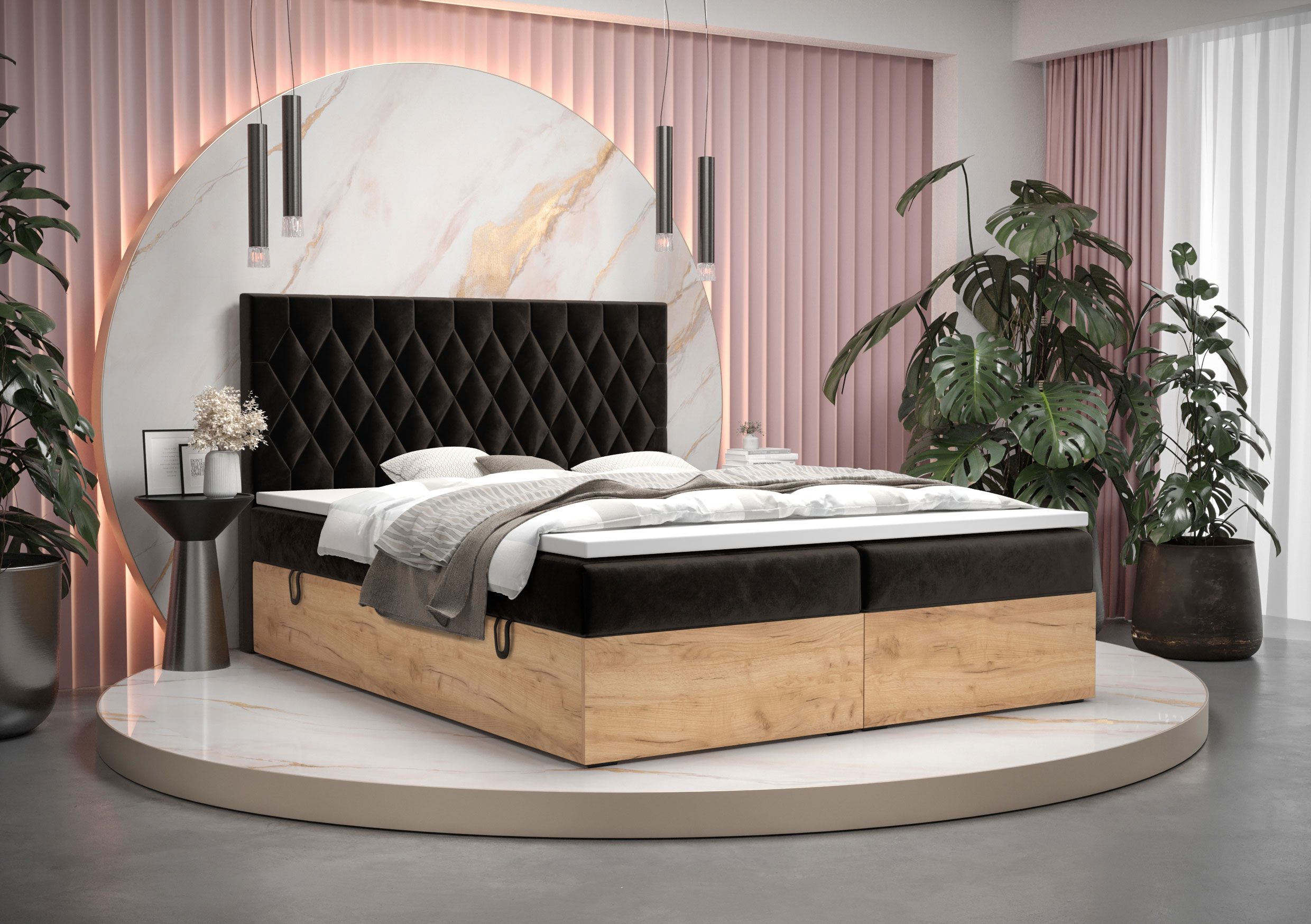 Boxspringbett im eleganten Design Pilio 72, Farbe: Schwarz / Eiche Golden Craft - Liegefläche: 180 x 200 cm (B x L)