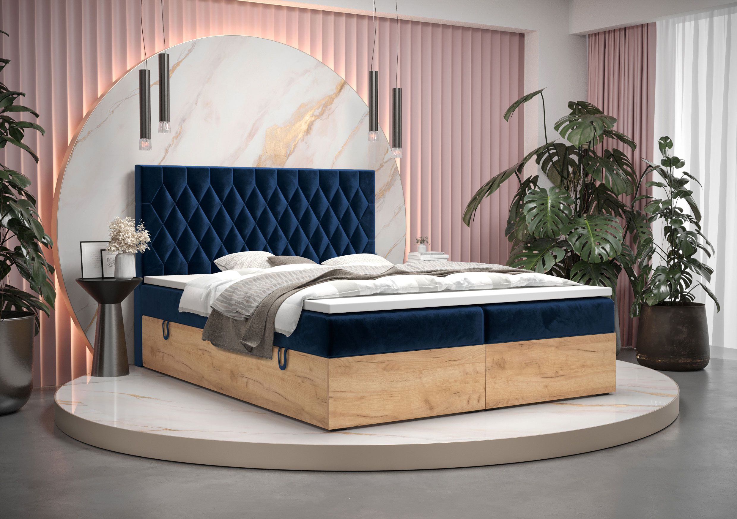 Boxspringbett im modernen Design Pilio 75, Farbe: Blau / Eiche Golden Craft - Liegefläche: 180 x 200 cm (B x L)