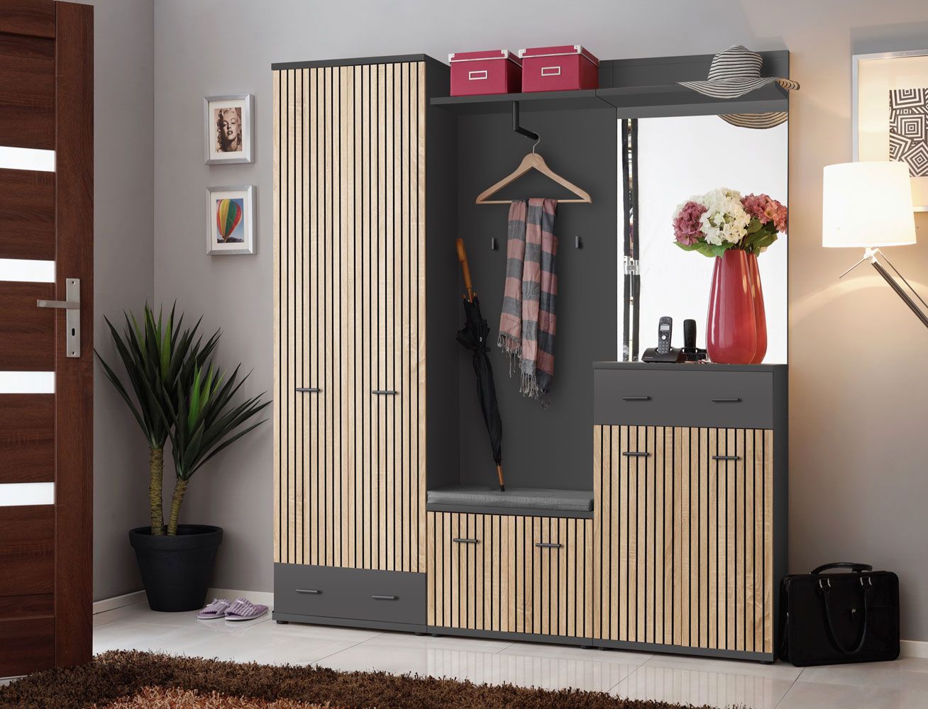 Großer Garderobenschrank Ringerike 05, Farbe: Anthrazit / Eiche Artisan - Abmessungen: 203 x 180 x 32 cm (H x B x T), mit sechs Türen und zwei Schubladen