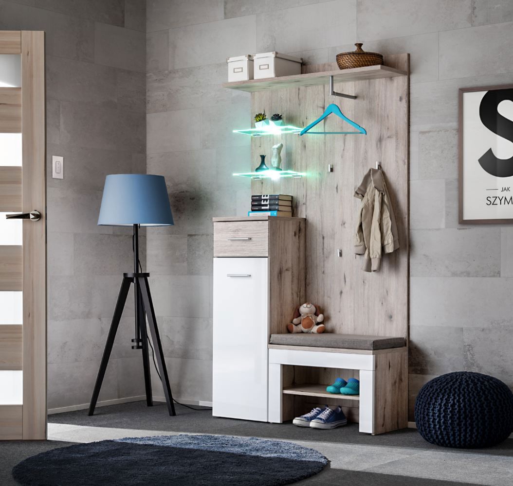 Moderne Garderobe mit Sitzkissen Sviland 02, Farbe: Eiche Wellington / Weiß - Abmessungen: 200 x 100 x 35 cm (H x B x T), mit LED-Beleuchtung