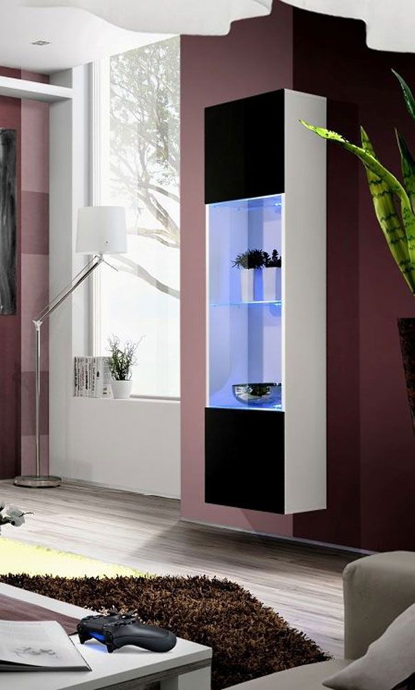 Vitrine Wand Raudberg 17, Farbe: Schwarz / Weiß - Abmessungen: 170 x 40 x 29 cm (H x B x T), inkl. blauer LED-Beleuchtung