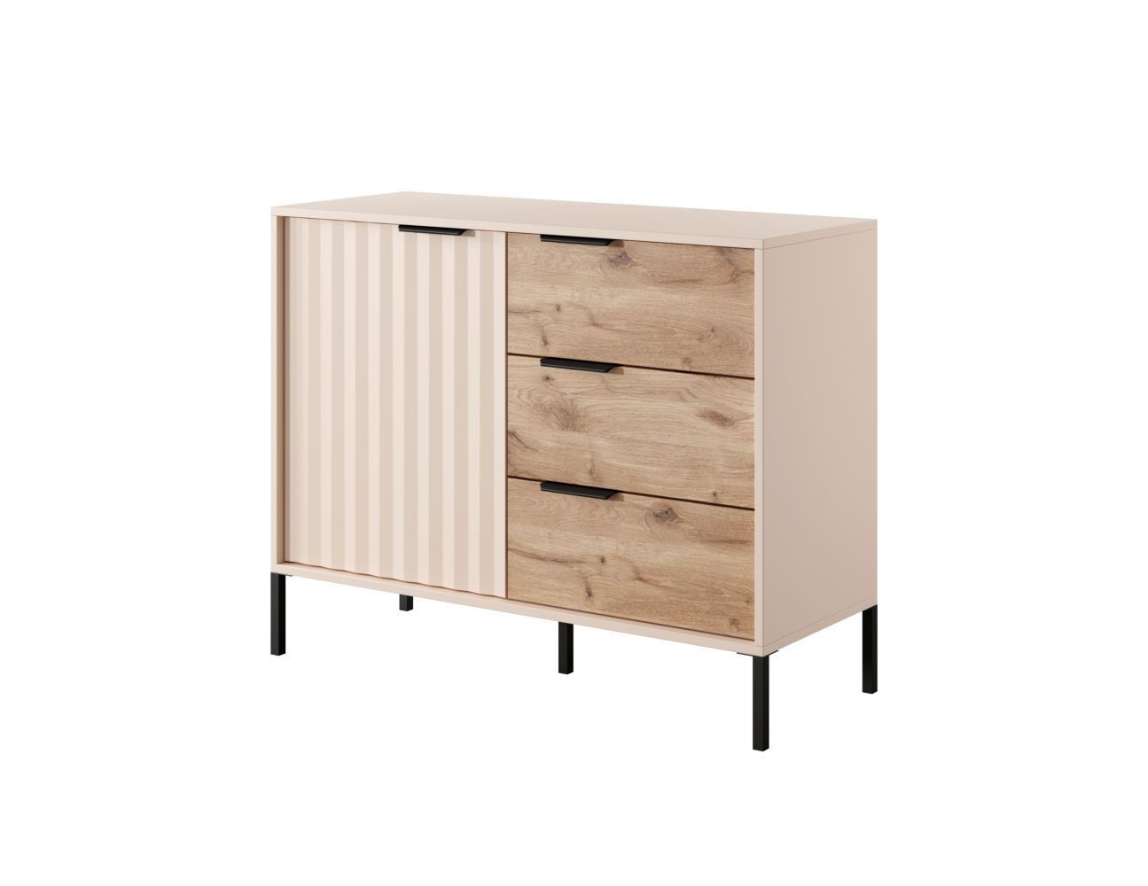 Schmale Kommode Fouchana 04, Farbe: Beige / Eiche Viking - Abmessungen: 81 x 103 x 39,5 cm (H x B x T), mit drei Schubladen