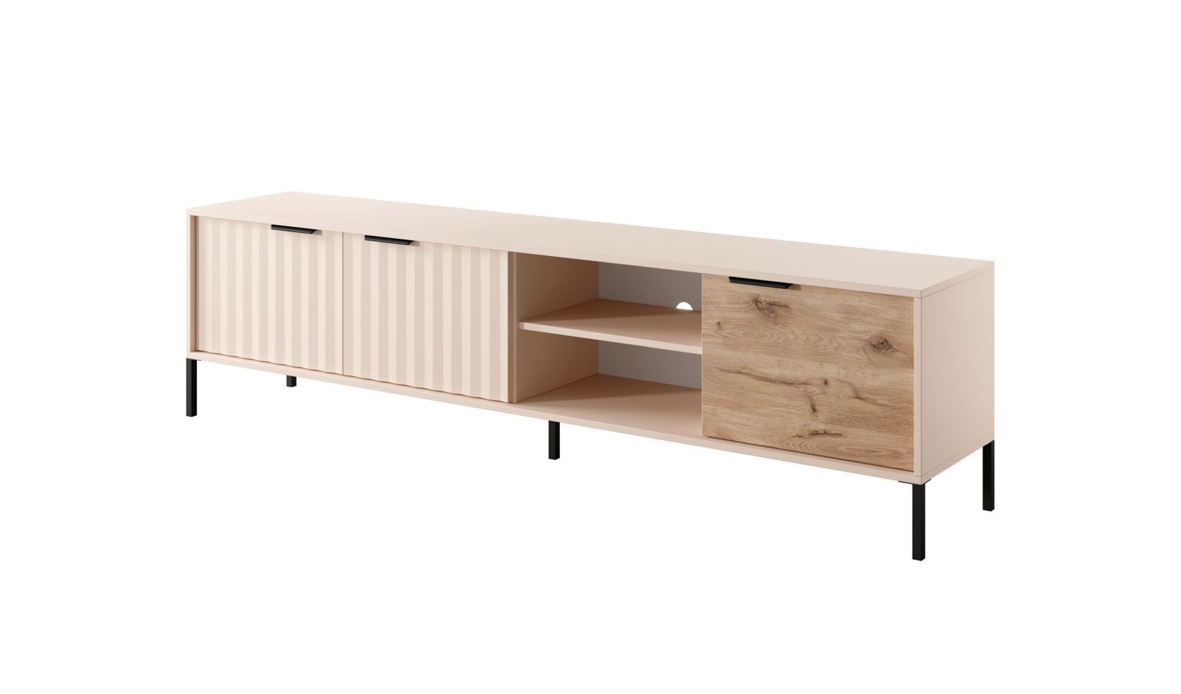 TV-Unterschrank mit drei Türen Fouchana 05, Farbe: Beige / Eiche Viking - Abmessungen: 53 x 203 x 39,5 cm (H x B x T)