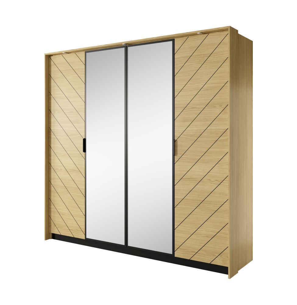 Schlichter Kleiderschrank mit zwei Spiegeltüren Damous 01, Farbe: Eiche Scandi / Schwarz - Abmessungen: 210 x 223 x 60 cm (H x B x T)