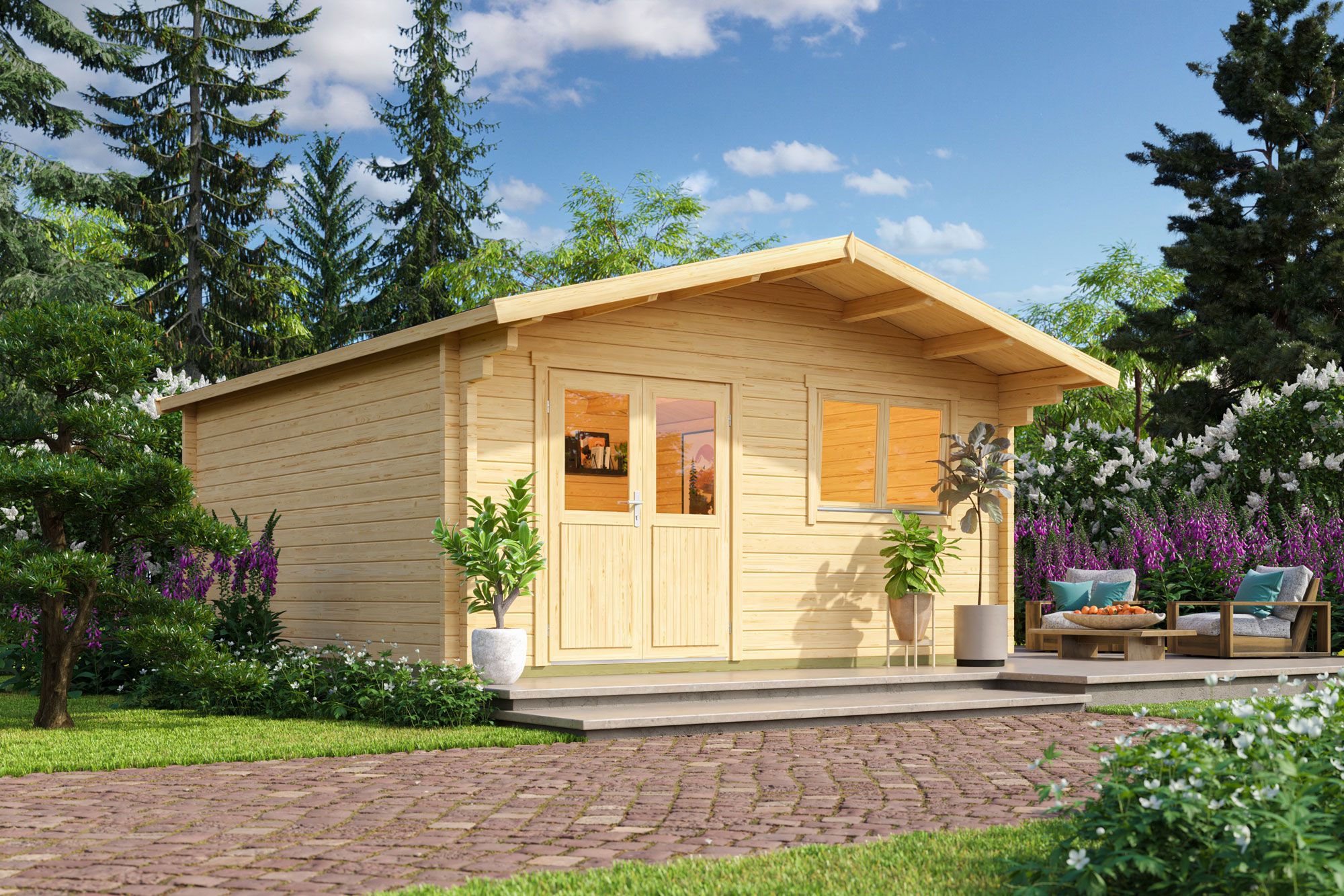 Ferienhaus F42 mit Vordach | 21,72 m² | 70 mm Blockbohlen | Naturbelassen | inkl. Fußboden & Doppelfenster Isolierverglast