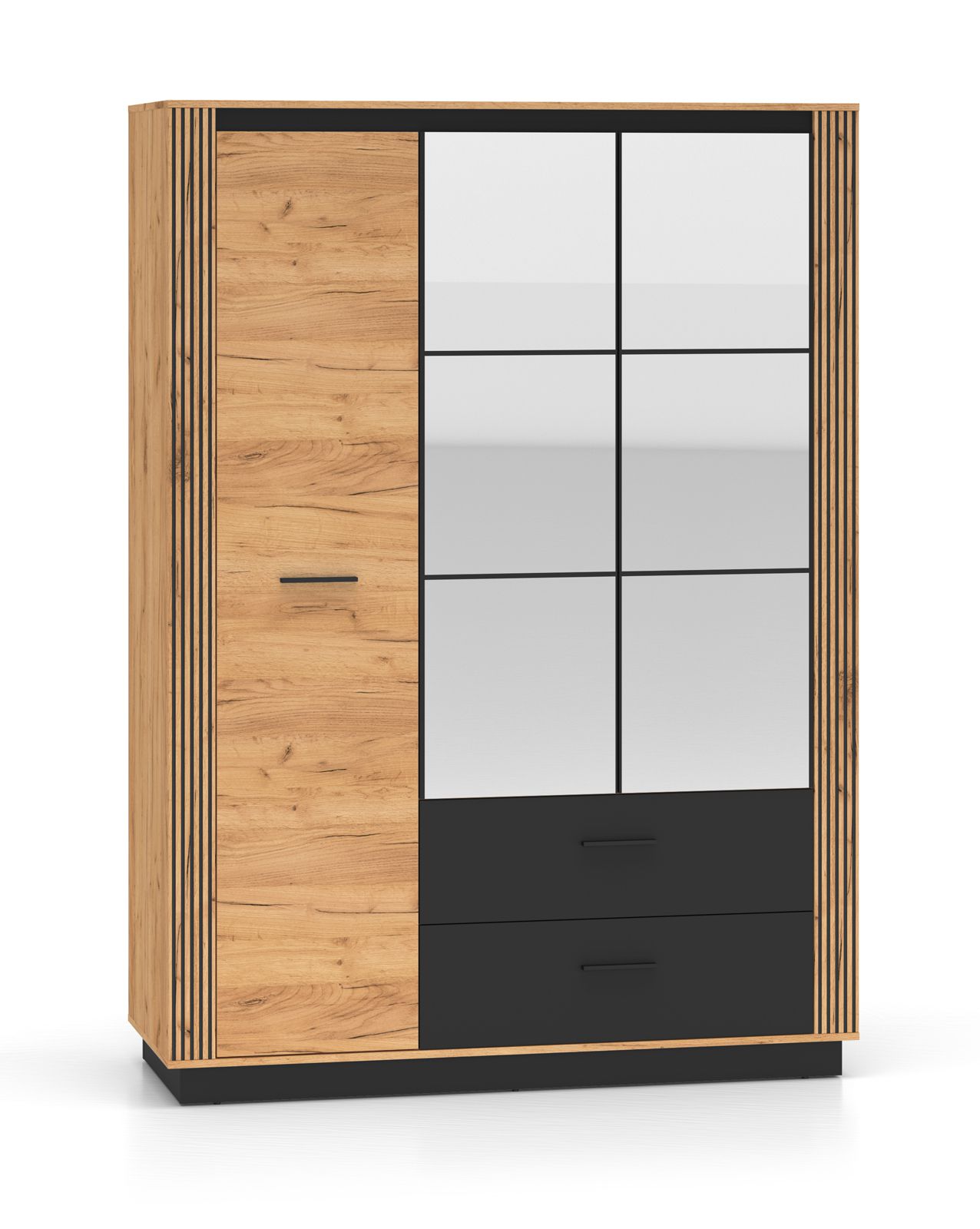 Stylischer Kleiderschrank Dagali 02, Farbe: Eiche / Schwarz, Maße: 210 x 150 x 58 cm, modernes und einfaches Design, Soft-Close-System, fünf Fächer, für Schlafzimmer