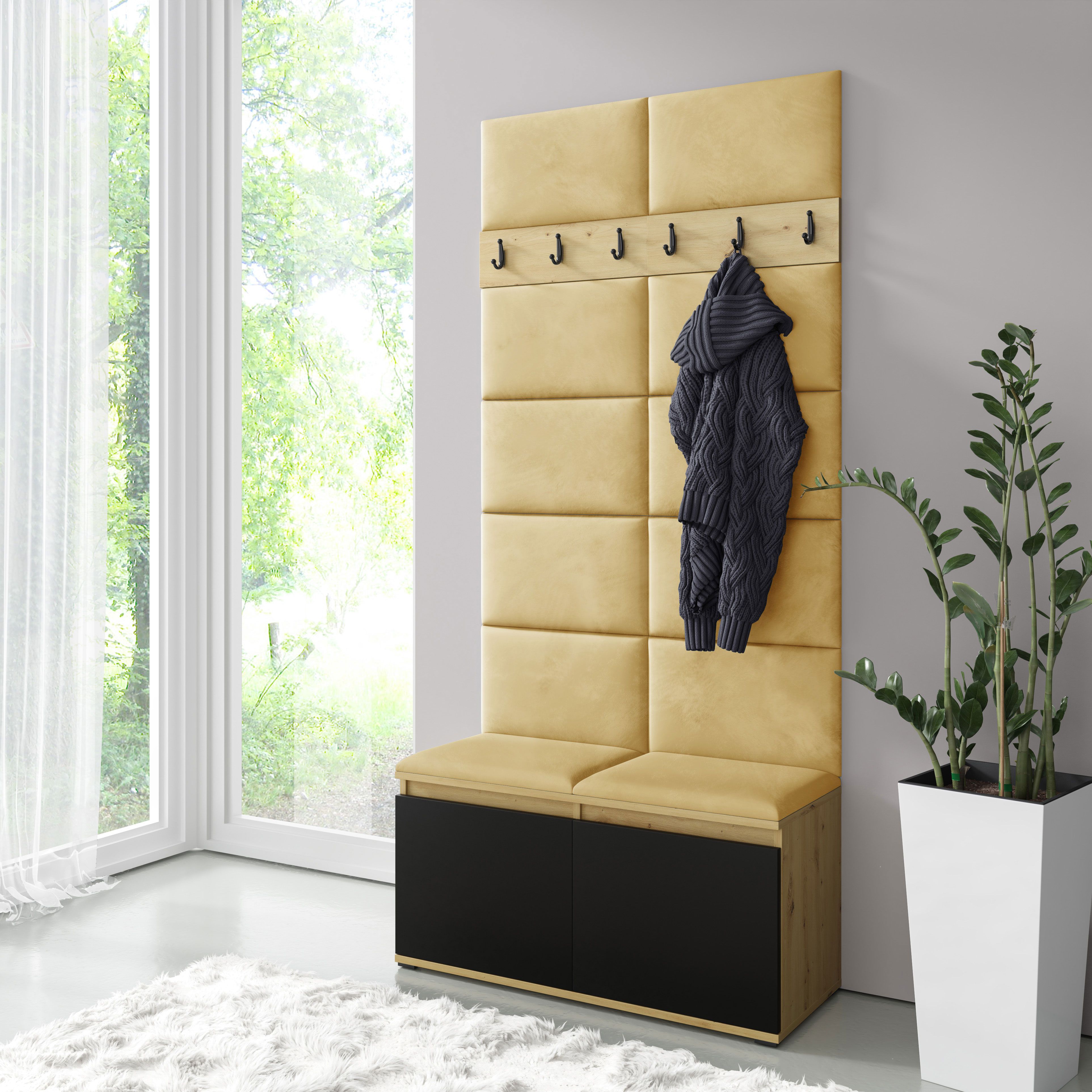 Kleine Garderobe 01 für 8 Paar Schuhe, mit Sitzbank gepolstert, Artisan/Schwarz/Naples Yellow, 15x100x40 cm, 6 Kleiderhaken, 4 Fächer, Schuhschrank