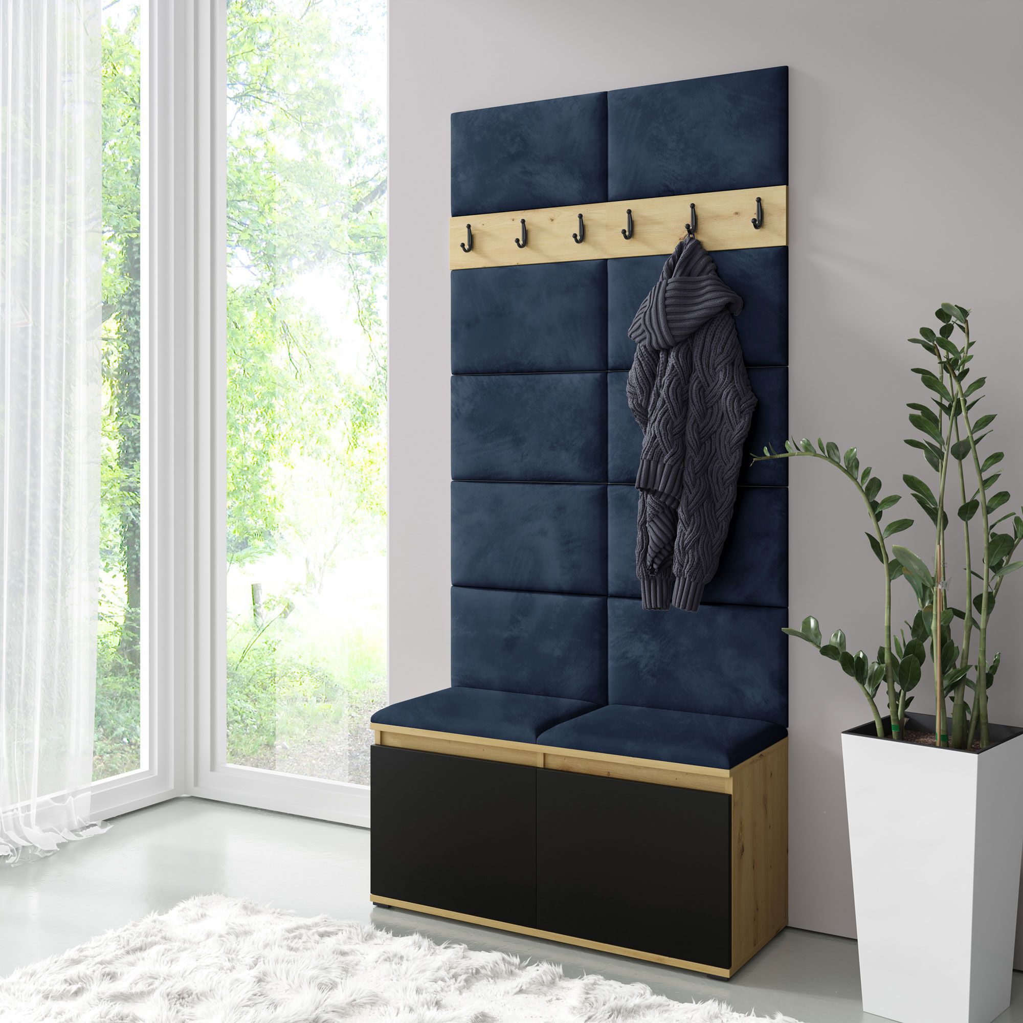 Garderobe 01 mit Sitzbank gepolstert 1 Meter breit, Schuhschrank für 8 Paar Schuhe, Artisan/Schwarz/Deep Blue, 215 x 100 x 40 cm, 4 Fächer, 6 Kleiderhaken