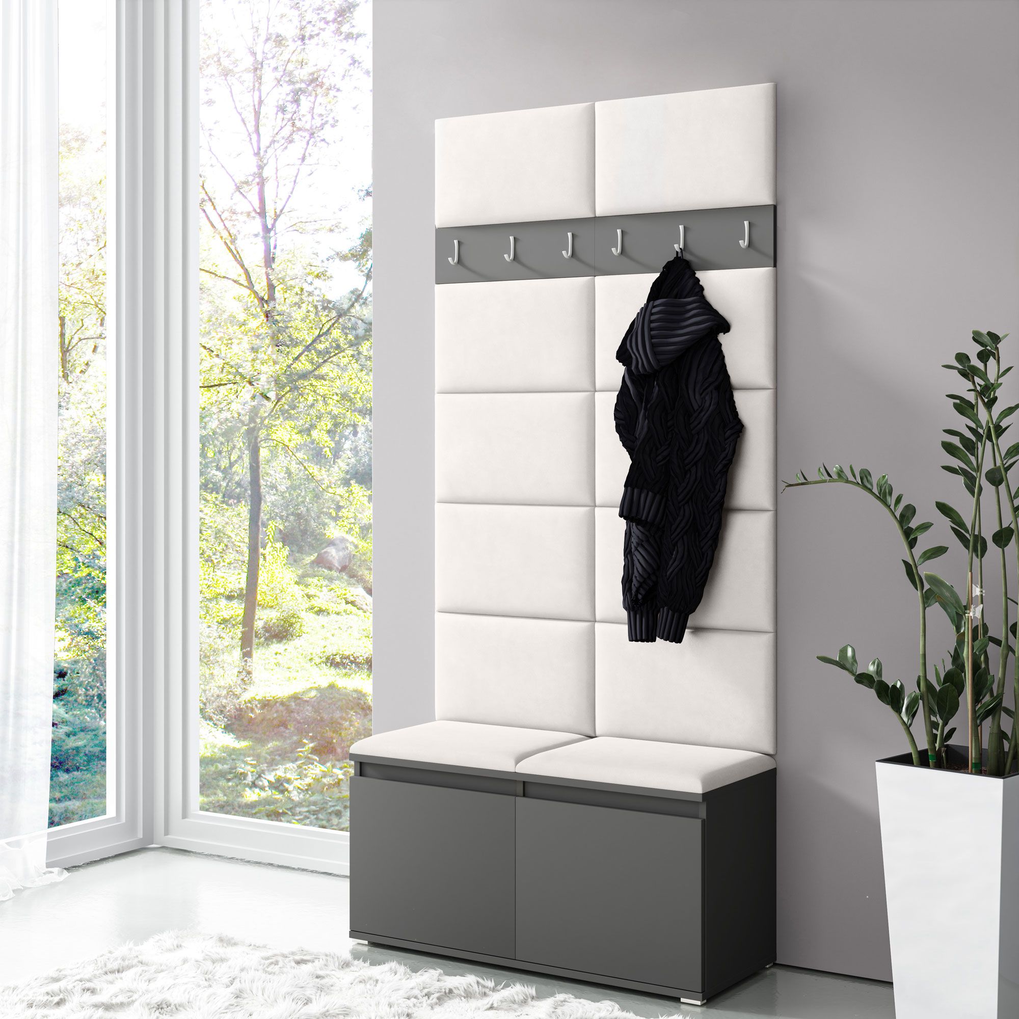 Schmale Garderobe 01 mit Sitzbank gepolstert, Farbe: Graphit/Cream, 215 x 100 x 40 cm, für 8 Paar Schuhe, 6 Kleiderhaken, 4 Fächer