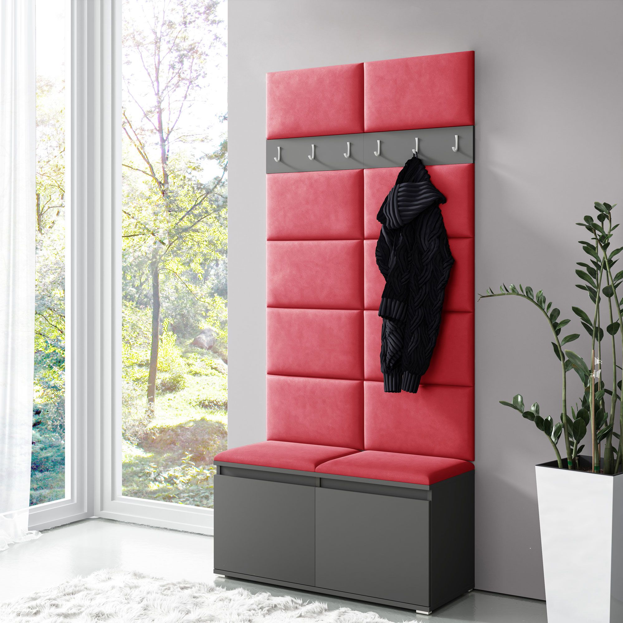 Garderobe 01 mit Roten Polsterpaneele für Sitzbank und Wand, Graphit/Red, 215 x 100 x 40 cm, Schuhschrank für 8 Paar Schuhe, 6 Kleiderhaken, 4 Fächer