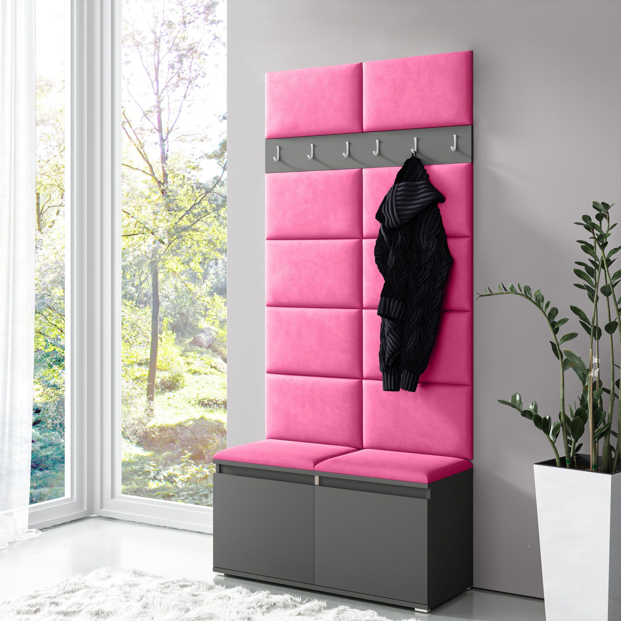 Garderobe 01 mit Pinken Polsterpaneele für Sitzbank und Wand, Graphit/Pink, 215 x 100 x 40 cm, 6 Kleiderhaken, 4 Fächer, Schuhschrank für 8 Paar Schuhe