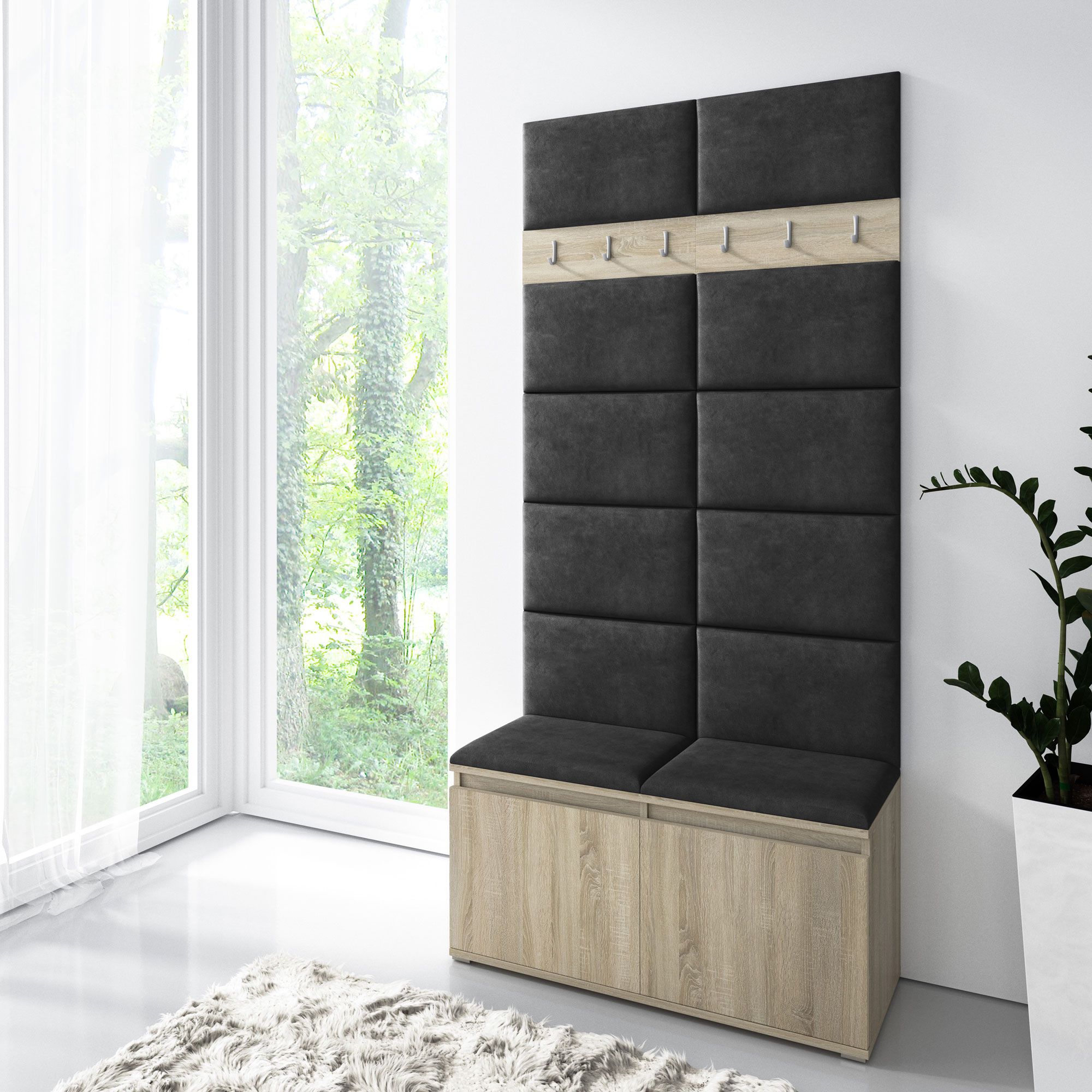 Garderobe 01 mit Schwarzen Polsterpaneele für Sitzbank und Wand, Sonoma Eiche/Black, 215 x 100 x 40 cm, für 8 Paar Schuhe, 6 Kleiderhaken, 4 Fächer