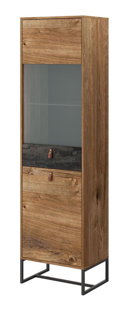 Vitrine Linthouse 06, Farbe: Eiche Dunkelbraun / Grau - Abmessungen: 197 x 53 x 39 cm (H x B x T)