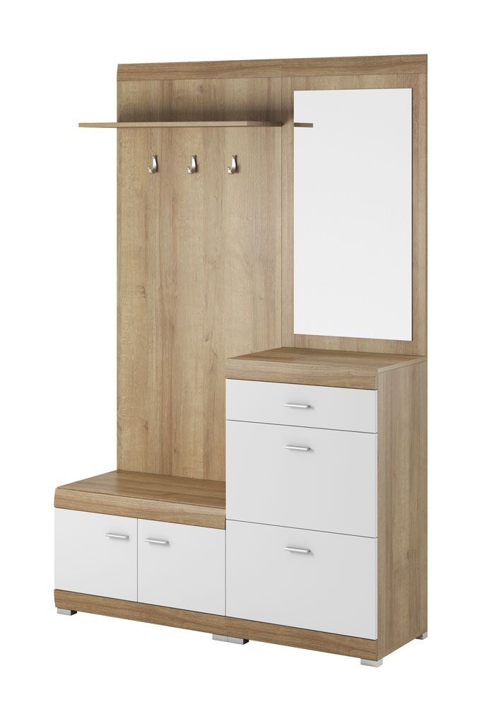 Garderobe Ellenbrook 01, Farbe: Eiche Riviera / Weiß - Abmessungen: 197 x 135 x 34 cm (H x B x T), mit drei Haken und einen Spiegel