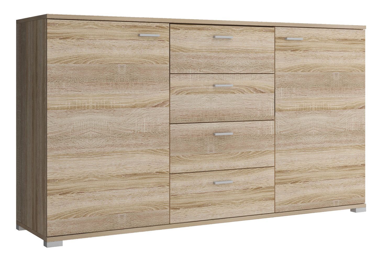 Moderne Kommode mit vier Schubladen Lowestoft 02, Farbe: Eiche Sonoma - Abmessungen: 85 x 150 x 40 cm (H x B x T)