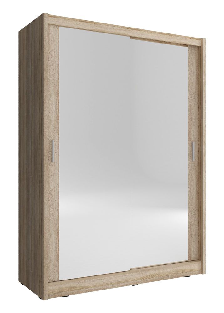 Schlichter Kleiderschrank mit zwei Spiegeltüren Warbreck 15, Farbe: Eiche Sonoma - Abmessungen: 200 x 150 x 62 cm (H x B x T), mit fünf Fächern