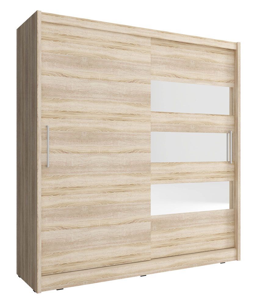 Schwebetürenschrank mit drei Spiegelstreifen Warbreck 42, Farbe: Eiche Sonoma - Abmessungen: 200 x 180 x 62 cm (H x B x T)