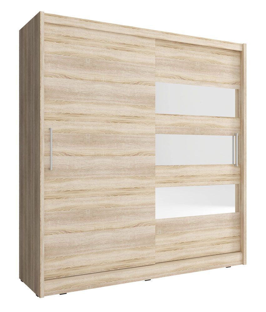 Eleganter Kleiderschrank mit drei Spiegelstreifen Warbreck 45, Farbe: Eiche Sonoma - Abmessungen: 214 x 200 x 62 cm (H x B x T)