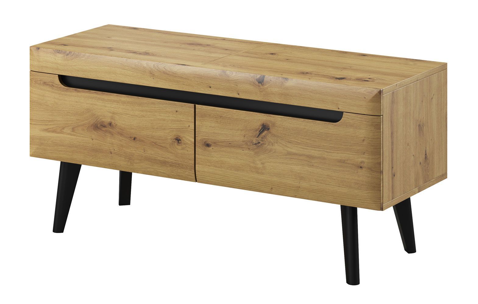 Moderner TV-Unterschrank mit zwei Schubladen Polmadie 02, Farbe: Eiche Artisan / Schwarz - Abmessungen: 50 x 107 x 40 cm (H x B x T)