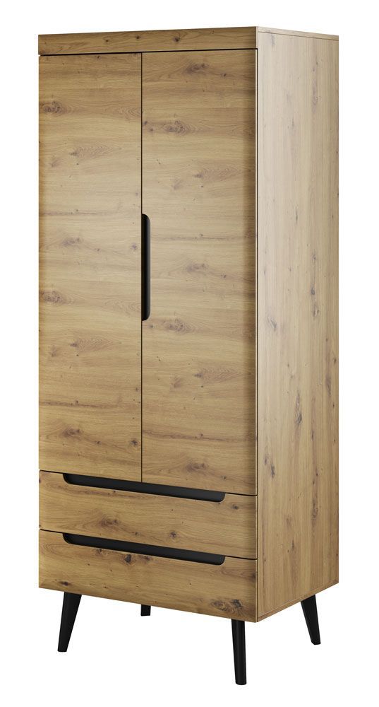 Schrank mit zwei Schubladen Polmadie 11, Farbe: Eiche Artisan / Schwarz - Abmessungen: 197 x 80 x 56 cm (H x B x T)