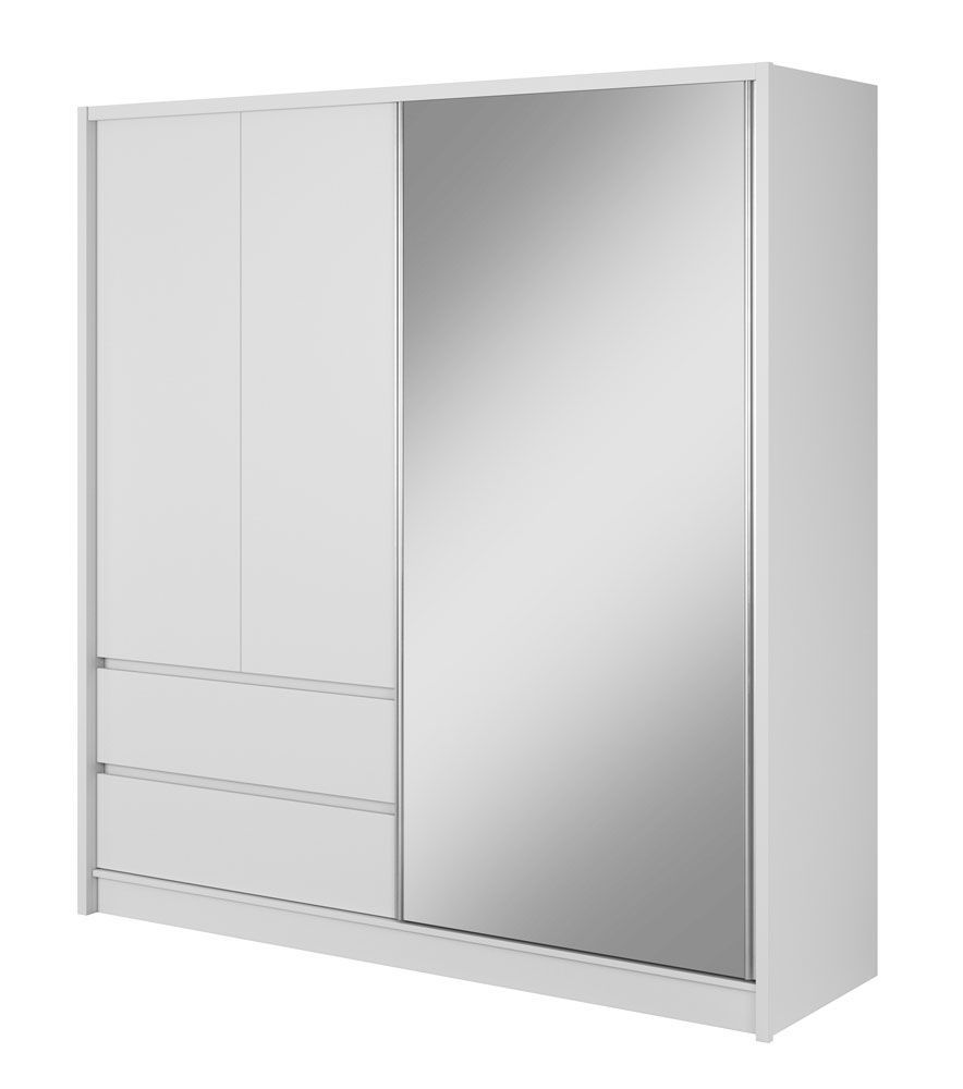 Schwebetürenschrank mit sechs Fächern und zwei Schubladen Kirkdale 02, Farbe: Weiß - Abmessungen: 214 x 204 x 62 cm (H x B x T), mit genügend Stauraum