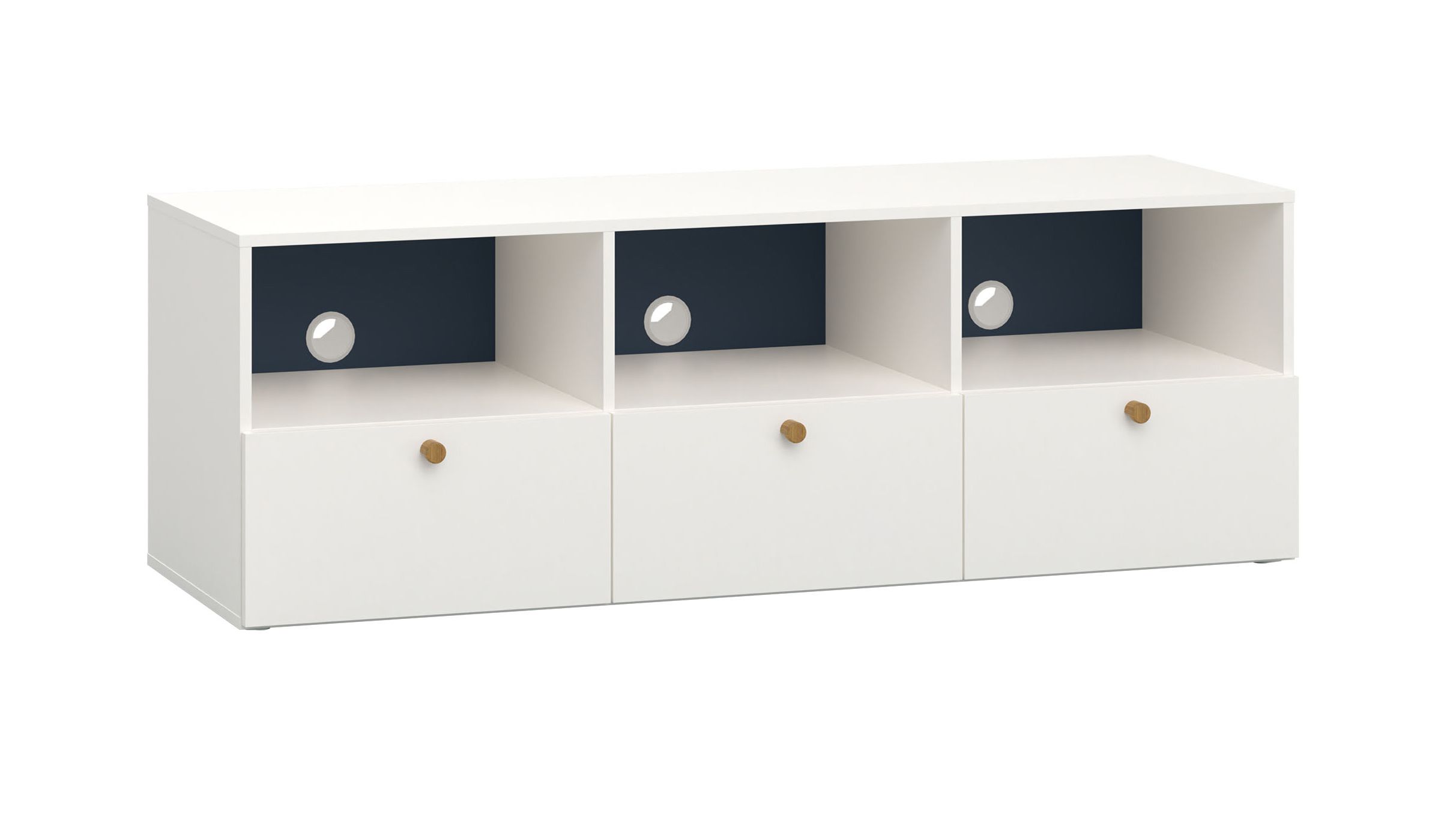 TV-Möbel / TV-Schrank mit drei Kabellöcher Aenna 101, Farbe: Weiß / Indigo, modernes Design, Maße: 51,5 x 151 x 46,5 cm, Griffe: Eiche, für Wohnzimmer