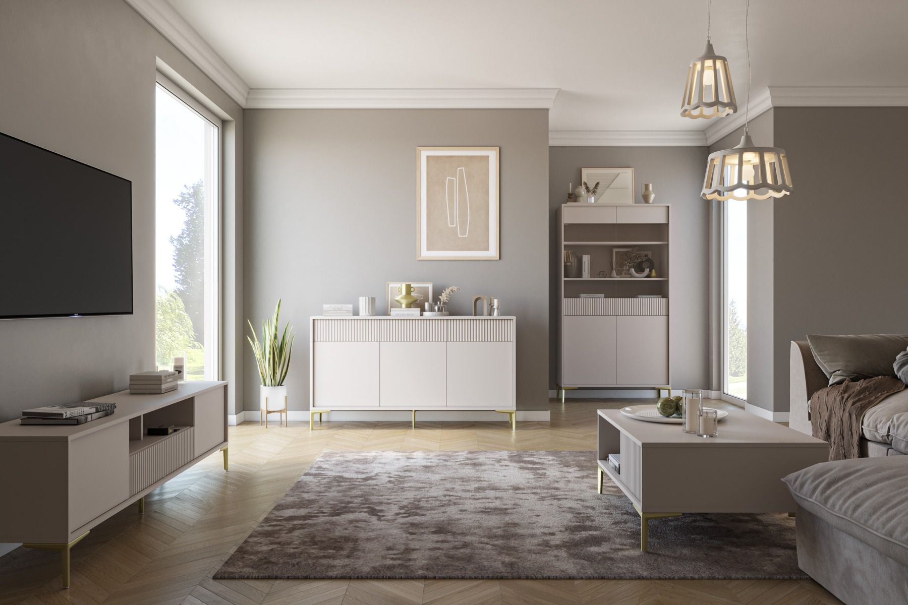 Wohnzimmer Komplett - Set A Chabrey, 4-teilig, push-to-open System, geriffelte Fronten, modernes Design, Farbe: Beige, geeignet für Staubsaugroboter 