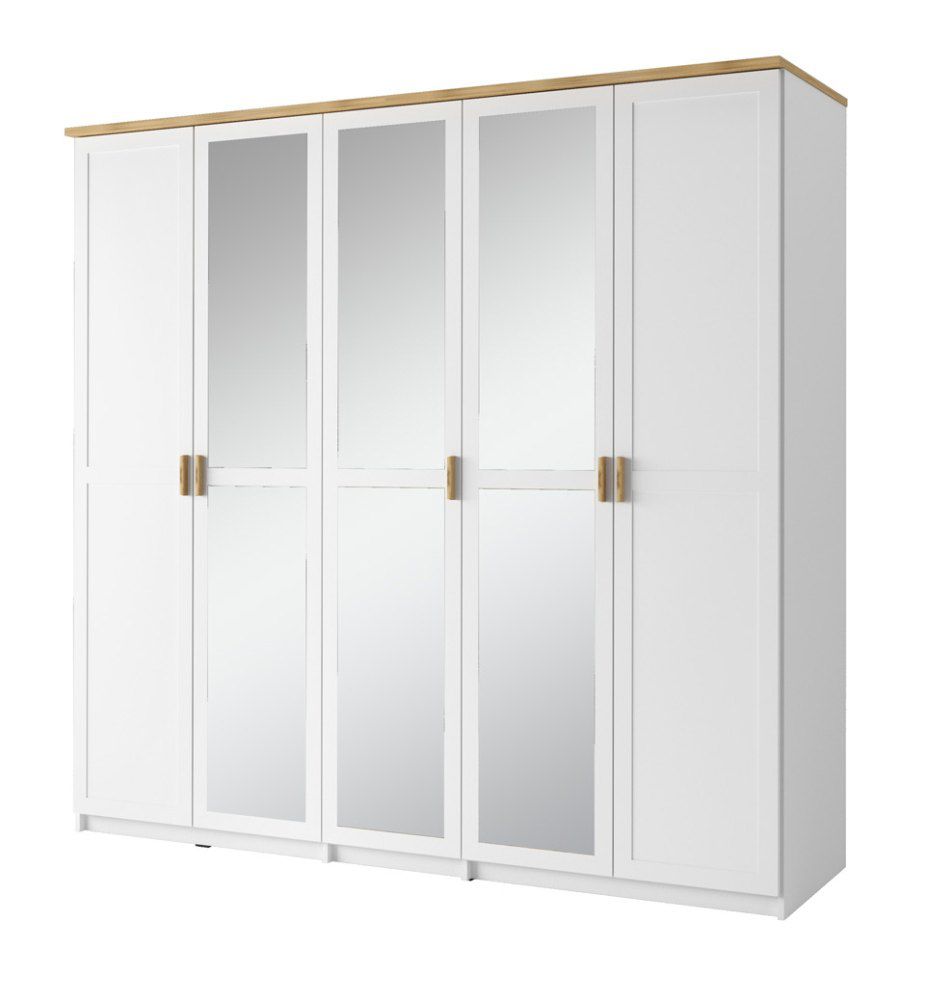 Drehtürenschrank / Kleiderschrank Dodoni 02, Farbe: Weiß / Eiche - Abmessungen: 216 x 226 x 59 cm (H x B x T)