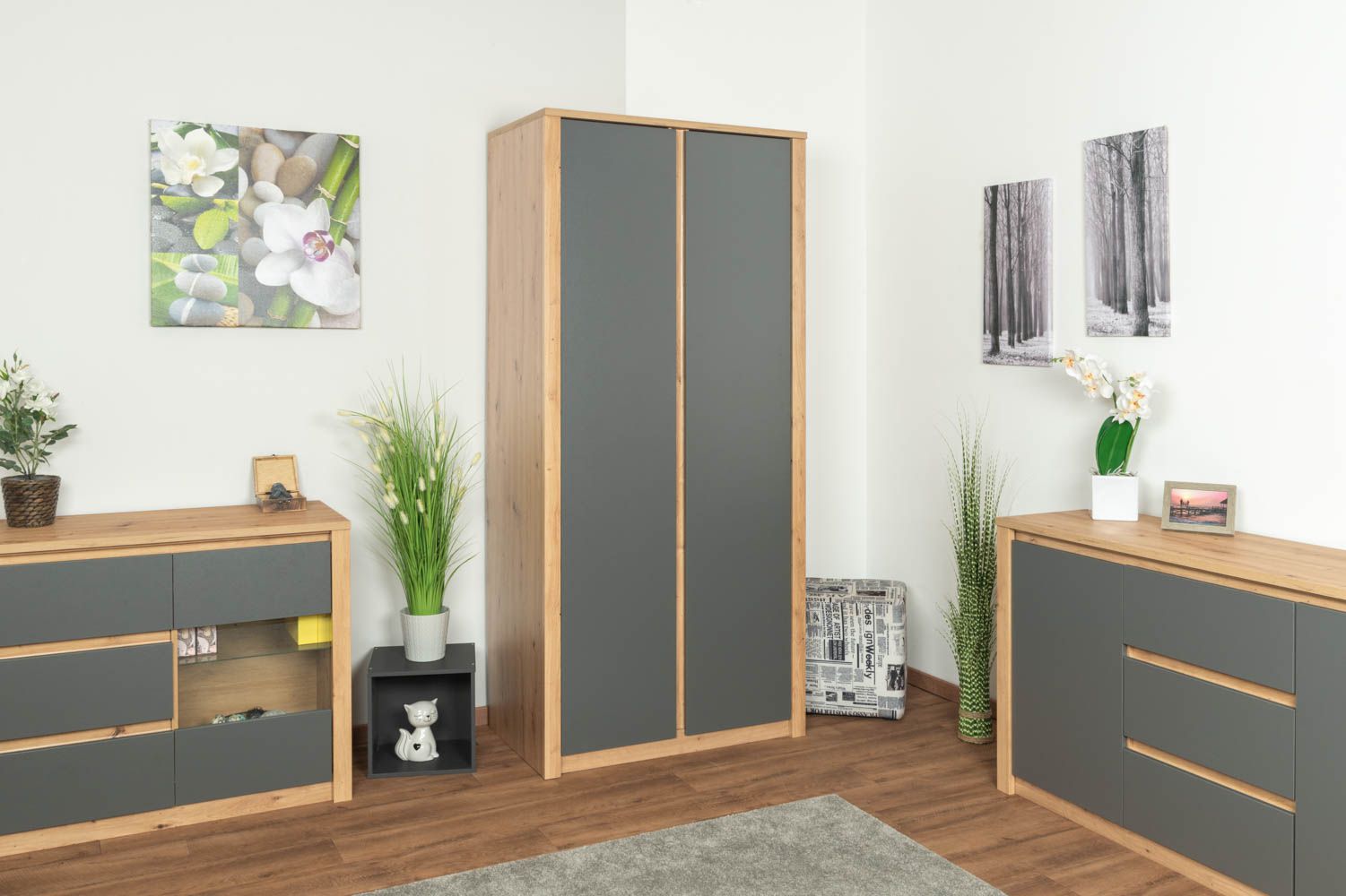 Drehtürenschrank / Kleiderschrank Faleula 08, Farbe: Eiche / Grau - 196 x 90 x 53 cm (H x B x T)