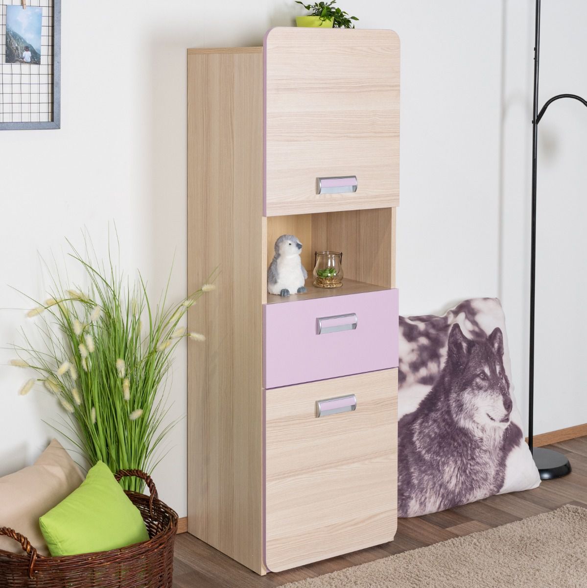 Jugendzimmer - Highboard Dennis 04, Farbe: Esche Lila - Abmessungen: 144 x 45 x 40 cm (H x B x T)