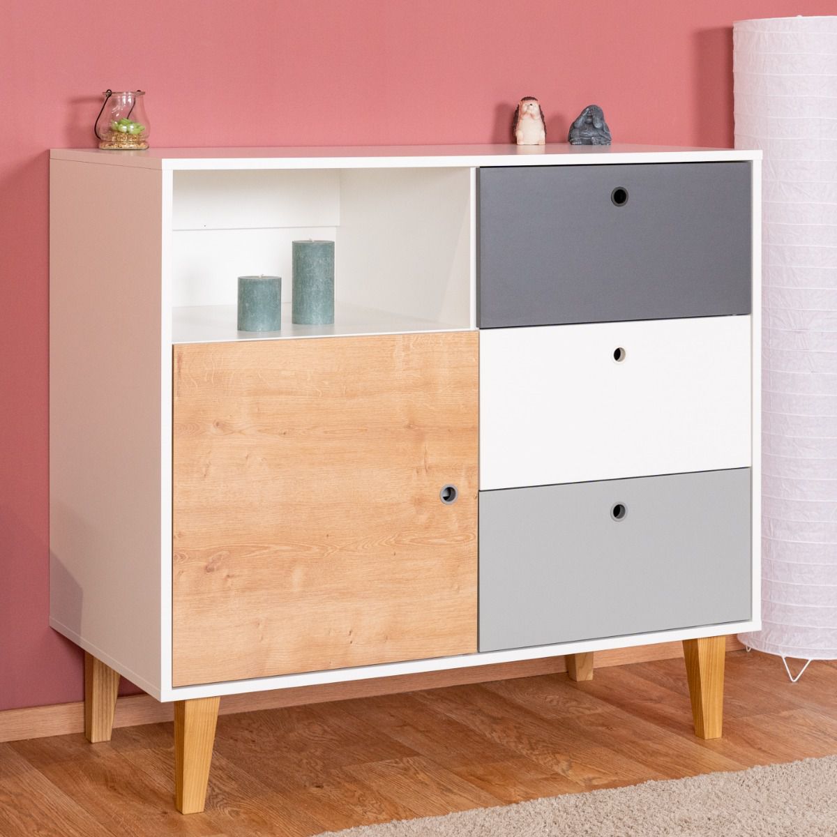 Jugendzimmer - Kommode Syrina 03, Farbe: Weiß / Grau / Eiche - Abmessungen: 97 x 104 x 55 cm (H x B x T)