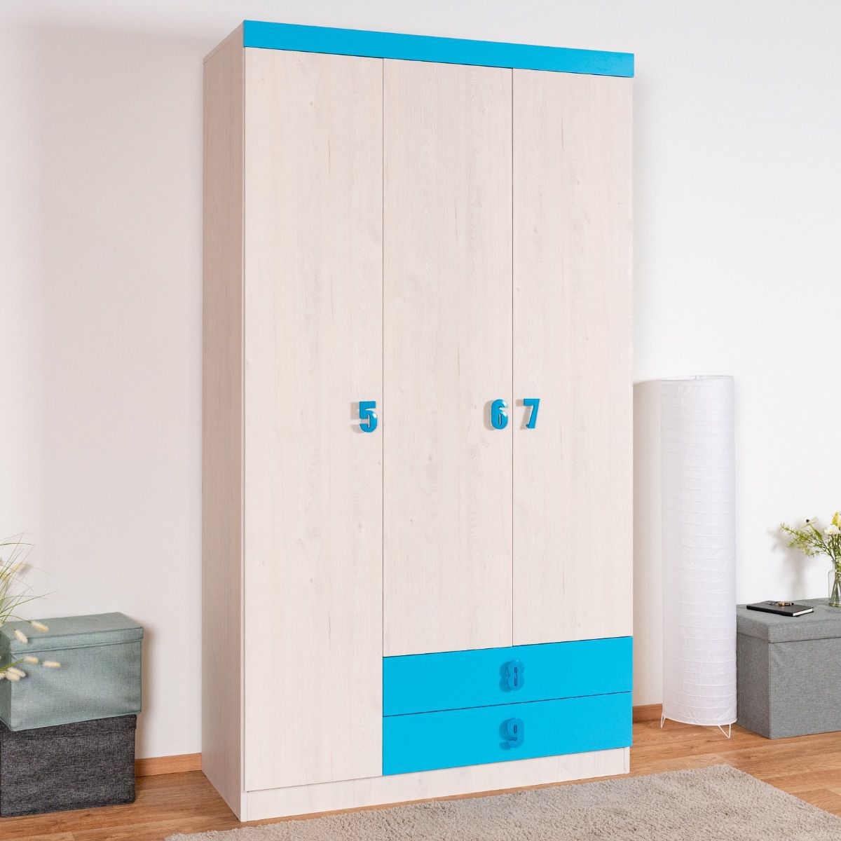 Kinderzimmer - Drehtürenschrank / Kleiderschrank Luis 21, Farbe: Eiche Weiß / Blau - 218 x 120 x 52 cm (H x B x T)