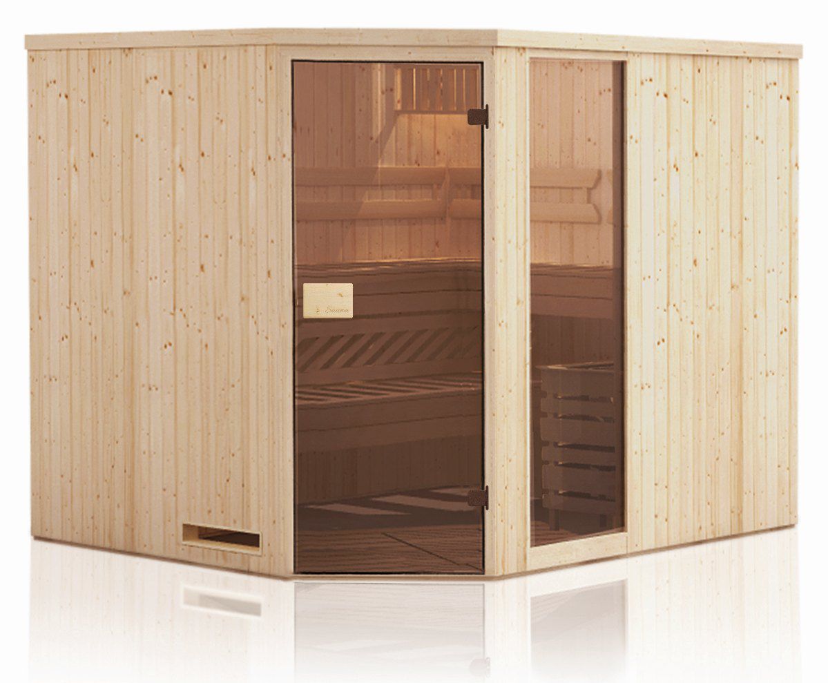 Elementsauna Tirari 68 mm mit 1 Sichtfenster und Dachkranz - Außenmaße (B x T x H): 194 x 144 x 199 cm