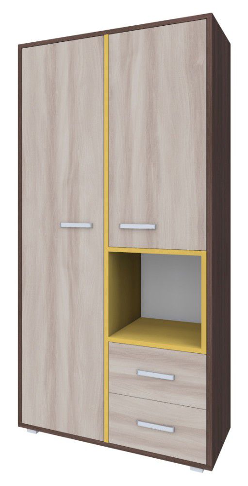 Schrank Kerema 03, Farbe: Nuss / Ulme / Gelb - Abmessungen: 190 x 90 x 53 cm (H x B x T)