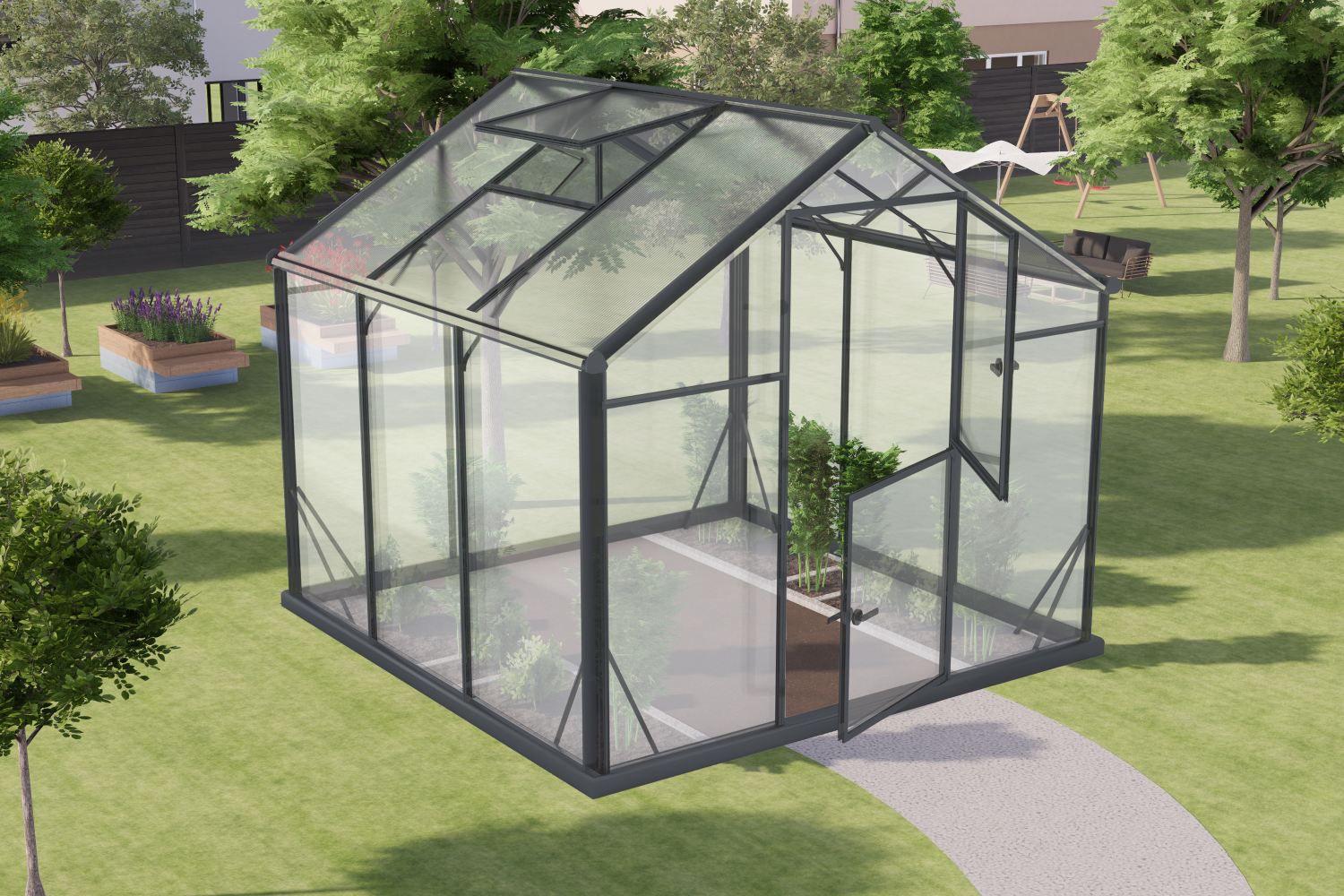 Gewächshaus - Glashaus Rucola L5, Wände: 4 mm gehärtetes Glas, Dach: 6 mm HKP mehrwandig, Grundfläche: 4,80 m² - Abmessungen: 220 x 220 cm (L x B)