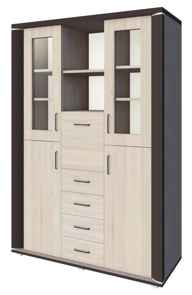 Vitrine Aitape 34, Farbe: Sonoma Eiche dunkel / Sonoma Eiche hell - Abmessungen: 188 x 135 x 40 cm (H x B x T)