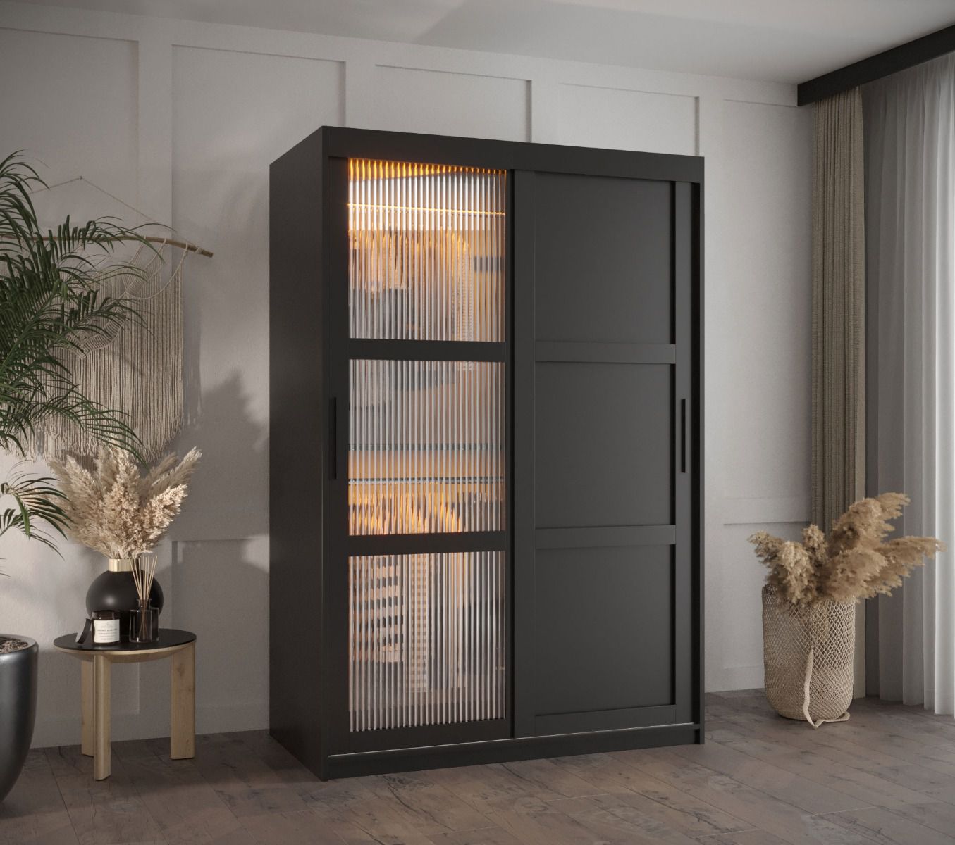 Schiebetürenschrank im modernen Design Nadelhorn 28, Schwarz Matt, Maße: 200 x 120 x 62 cm, mit Führungen aus Aluminium, Griffe: Schwarz