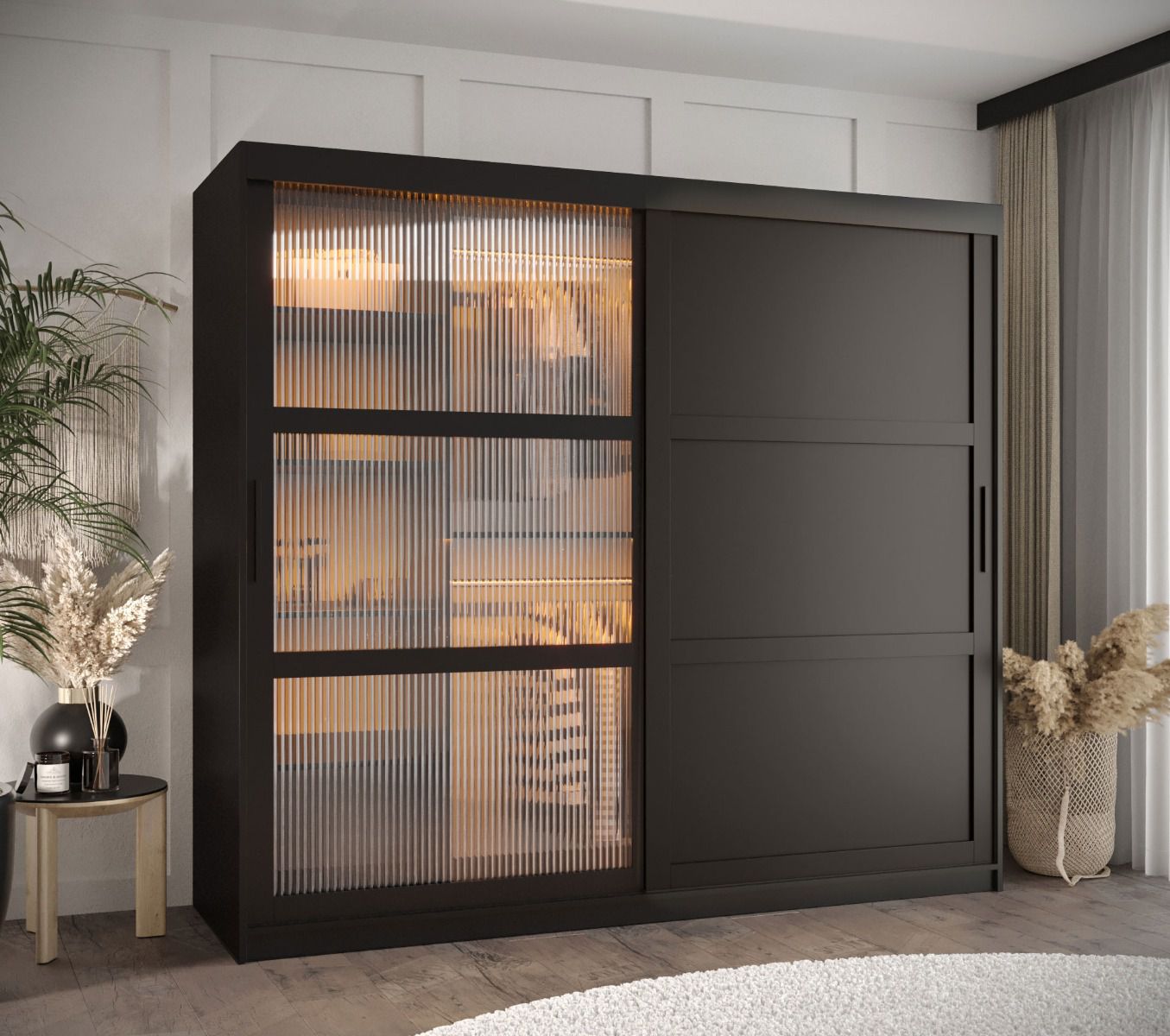 Schiebetürenschrank / Kleiderschrank im modernen Design Nadelhorn 34, 2 Meter breit, Schwarz Matt, Maße: 200 x 200 x 62 cm, gewölbtes Glas, 2 Kleiderstangen