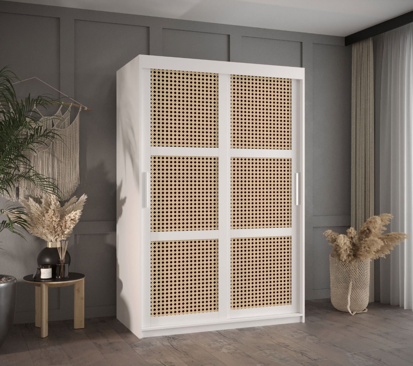 Eleganter Kleiderschrank / Schiebetürenschrank Kasbek 03, Weiß Matt, Maße: 200 x 120 x 62 cm, 5 Fächer, 2 Kleiderstangen, 5 Holzeinlegeböden