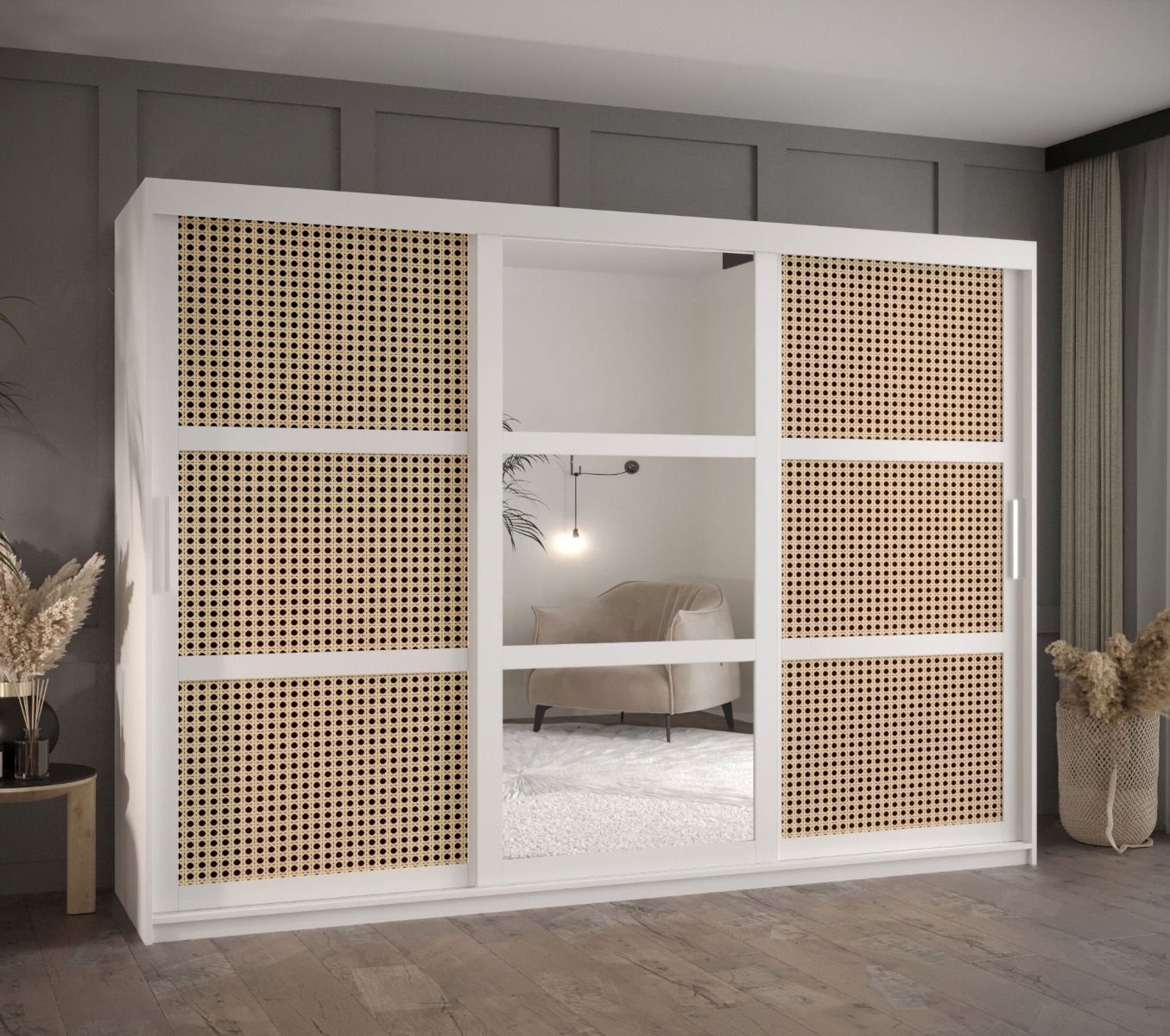 Eleganter Schiebetürenschrank Kasbek 23, Weiß Matt, Maße: 200 x 250 x 62 cm, 1 Spiegeltür, 10 Fächer, für Schlafzimmer, 2,5 Meter breit